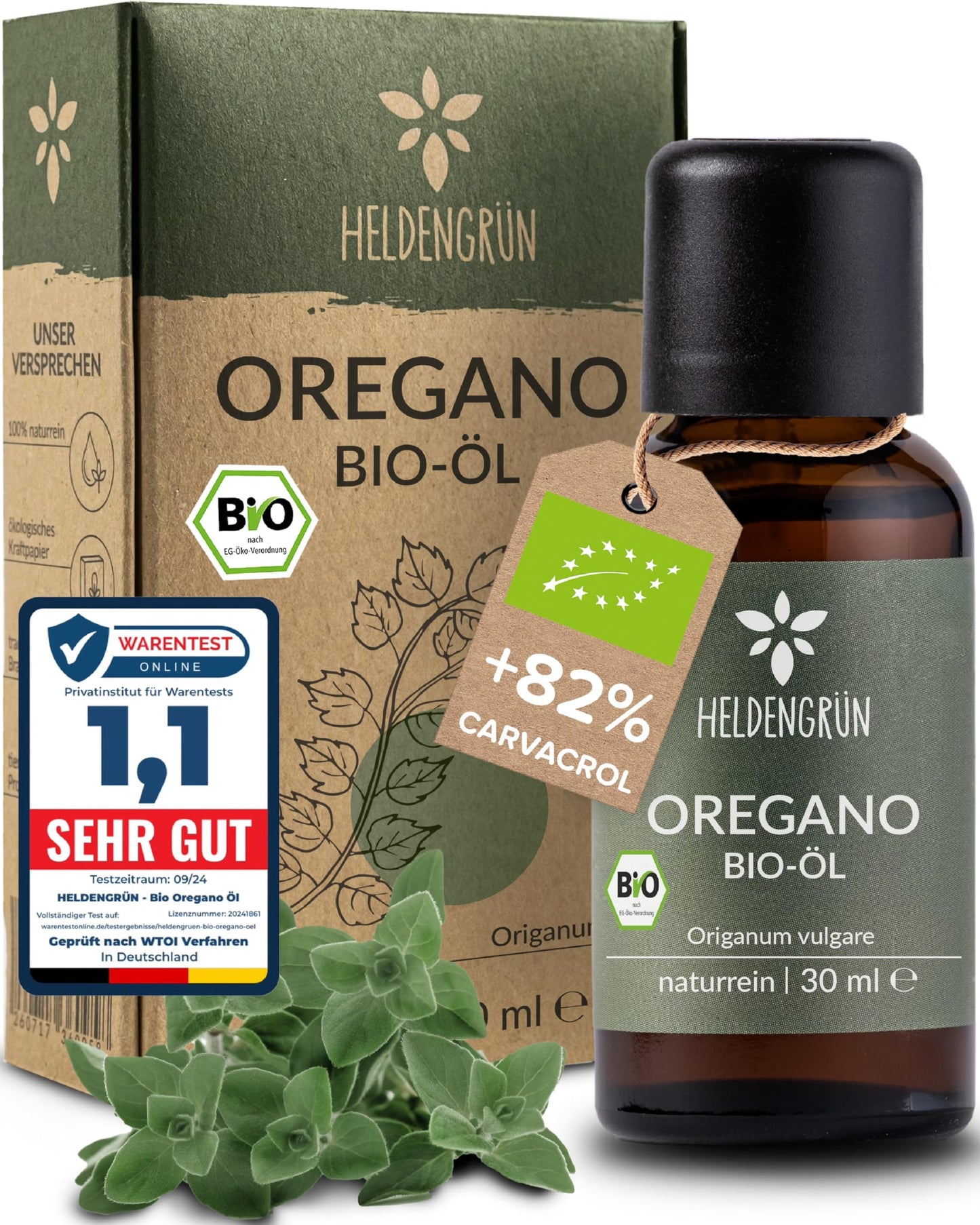 One bottle with box Heldengrun Organic Essential Oil 30ml oregano