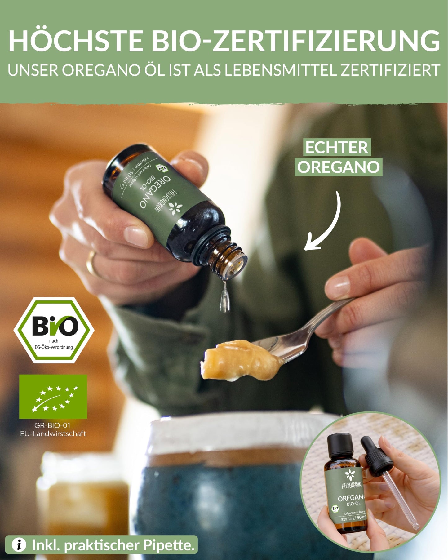 A bottle of Heldengrun Organic Essential Oil 30ml oregano