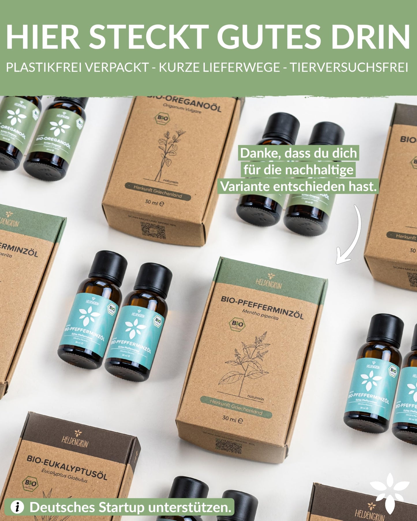 Bottles with box of Heldengrun Organic Essential Oil 30ml