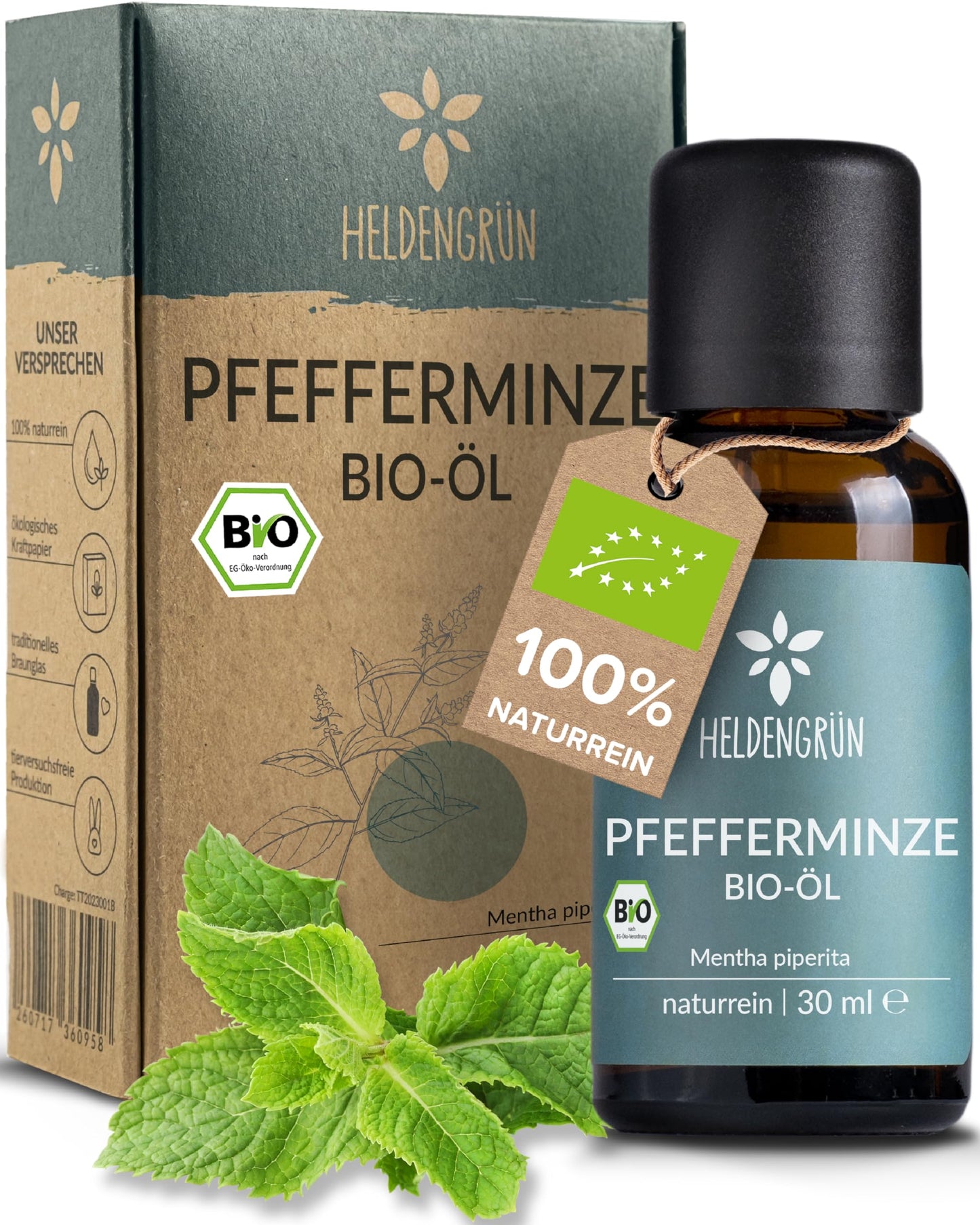 One bottle with box of Heldengrun Organic Essential Oil 30ml pfefferminze