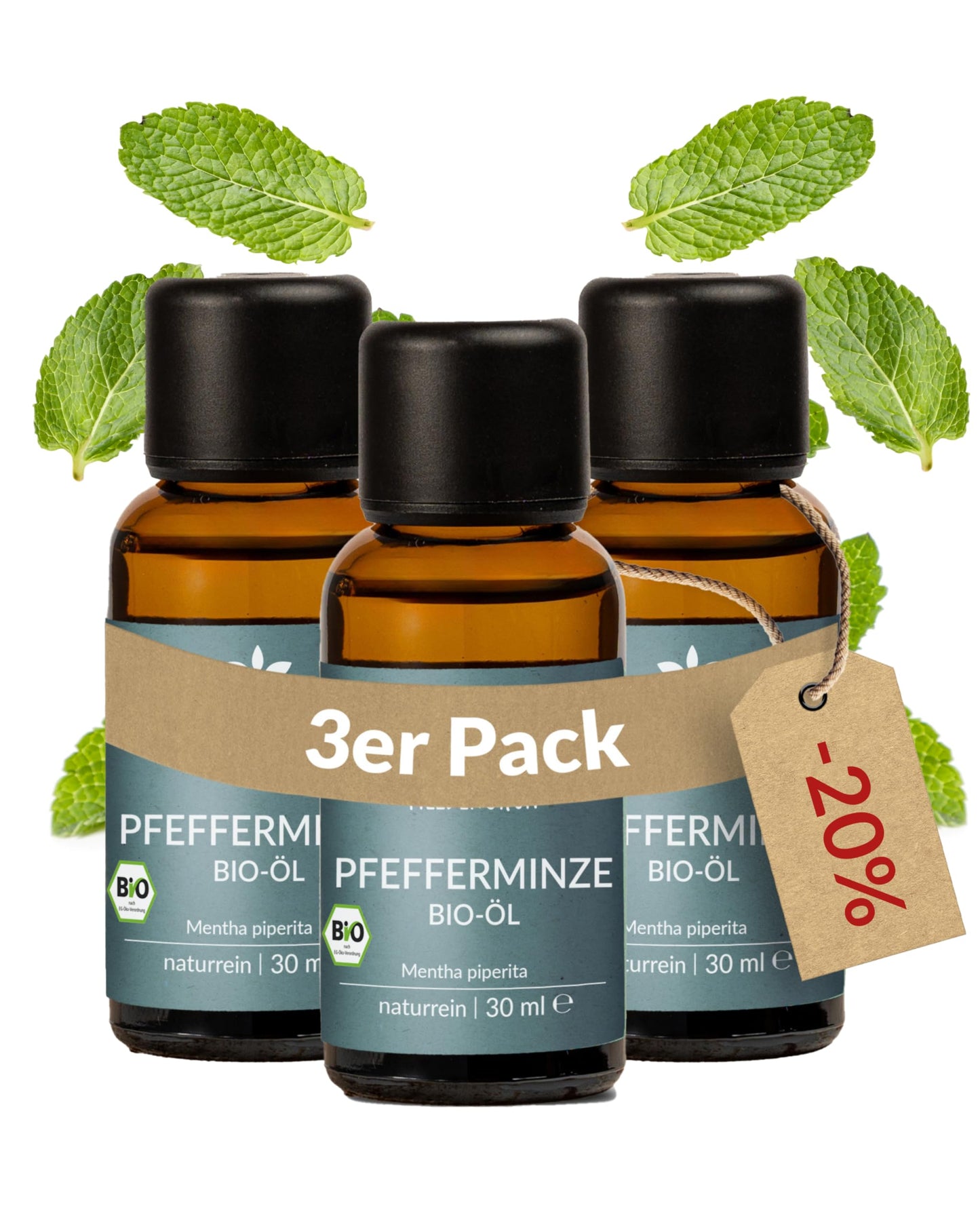 Three bottles Heldengrun Organic Essential Oil 30ml pfefferminze