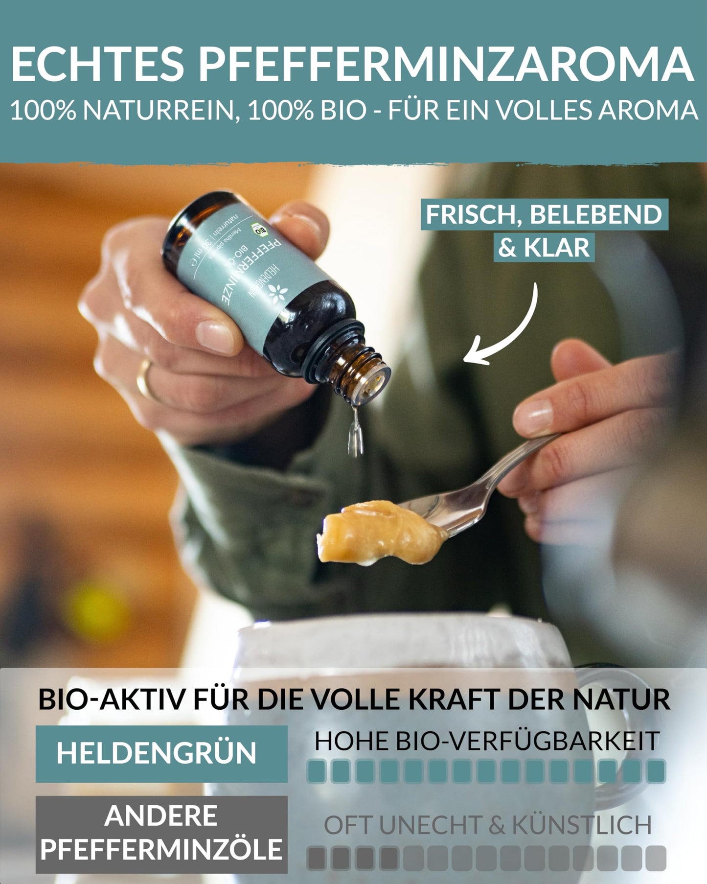A woman holding a bottle of Heldengrun Organic Essential Oil 30ml pfefferminze