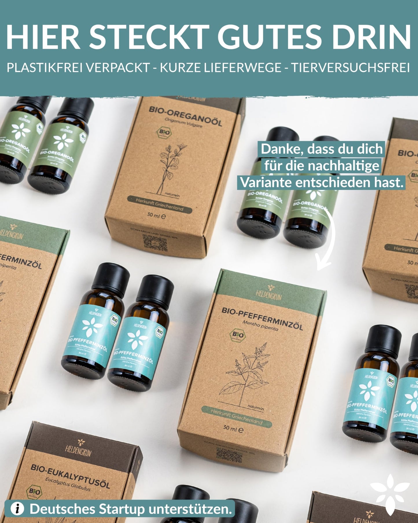 Bottles with box of Heldengrun Organic Essential Oil 30ml pfefferminze