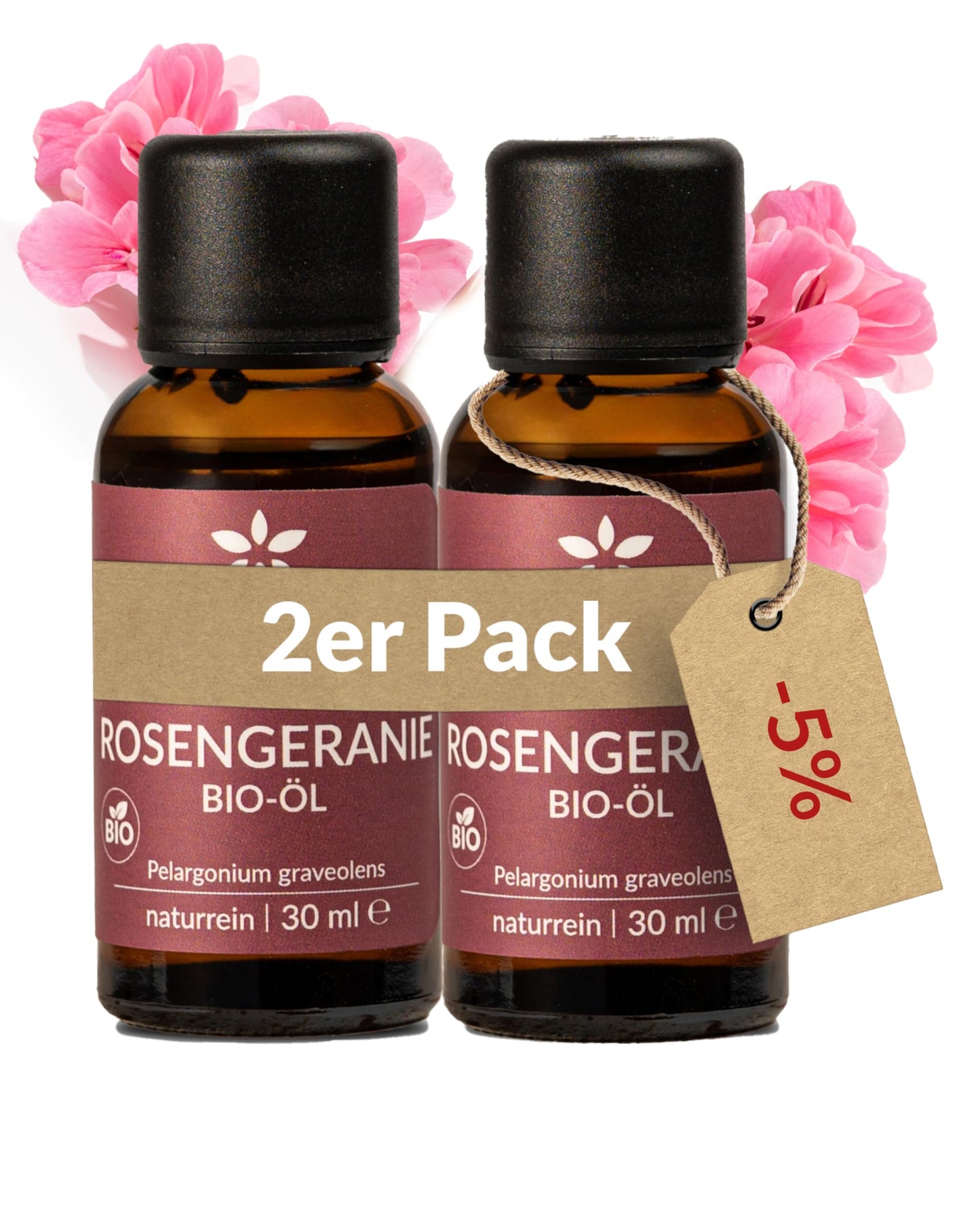 Two bottles of Heldengrun Organic Essential Oil 30ml rosengeranie