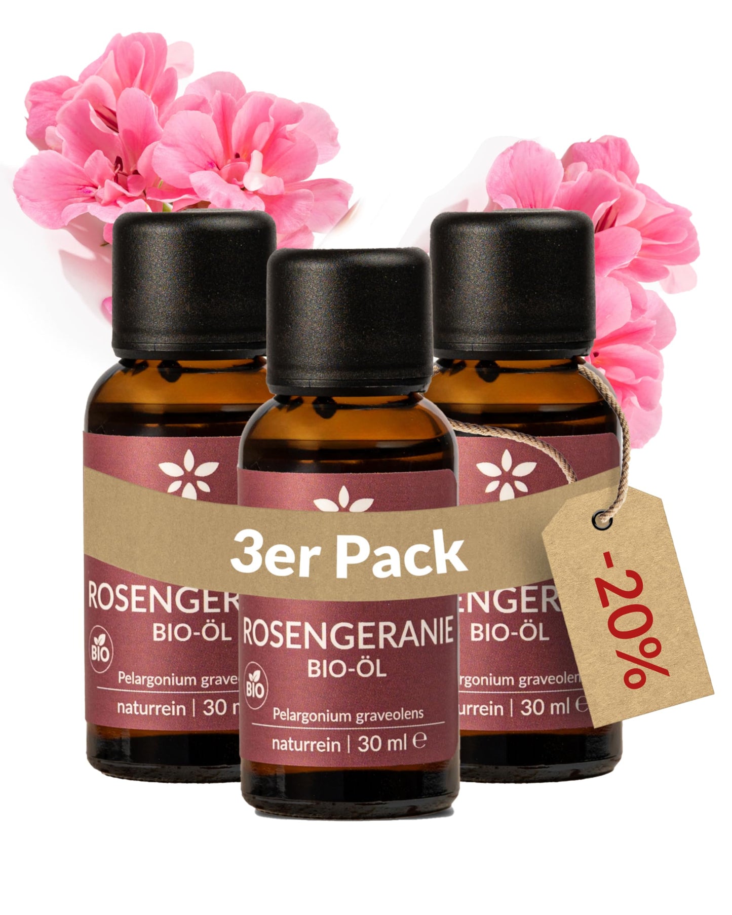 Three bottles of Heldengrun Organic Essential Oil 30ml rosengeranie