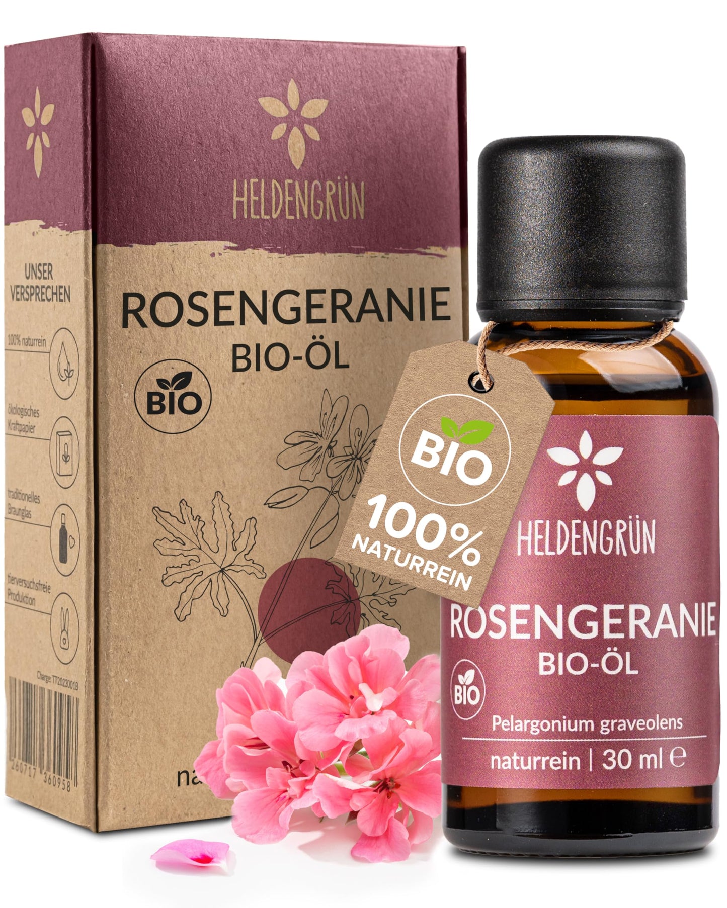 One bottle with box of Heldengrun Organic Essential Oil 30ml rosengeranie