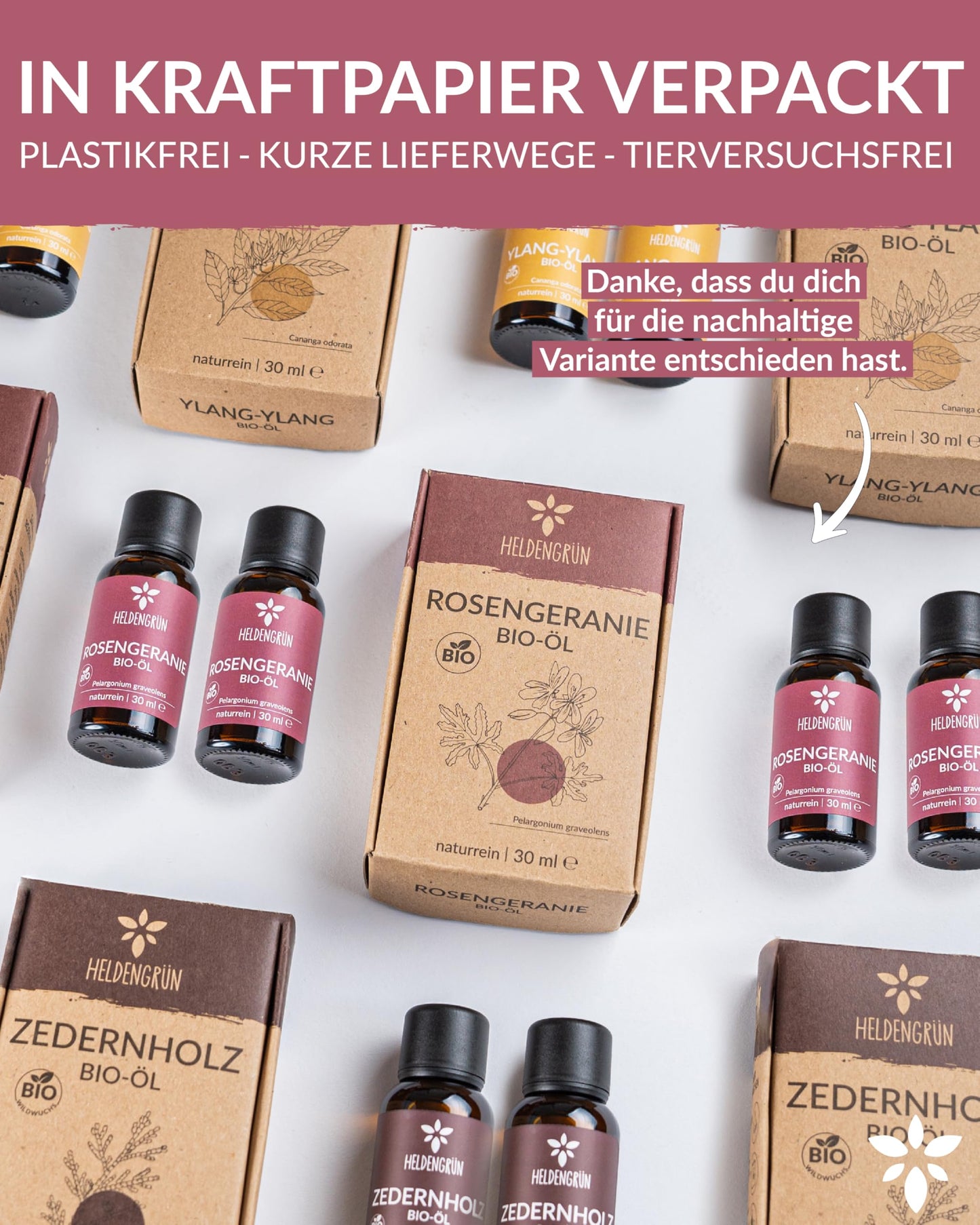 Bottles with box of Heldengrun Organic Essential Oil 30ml rosengeranie