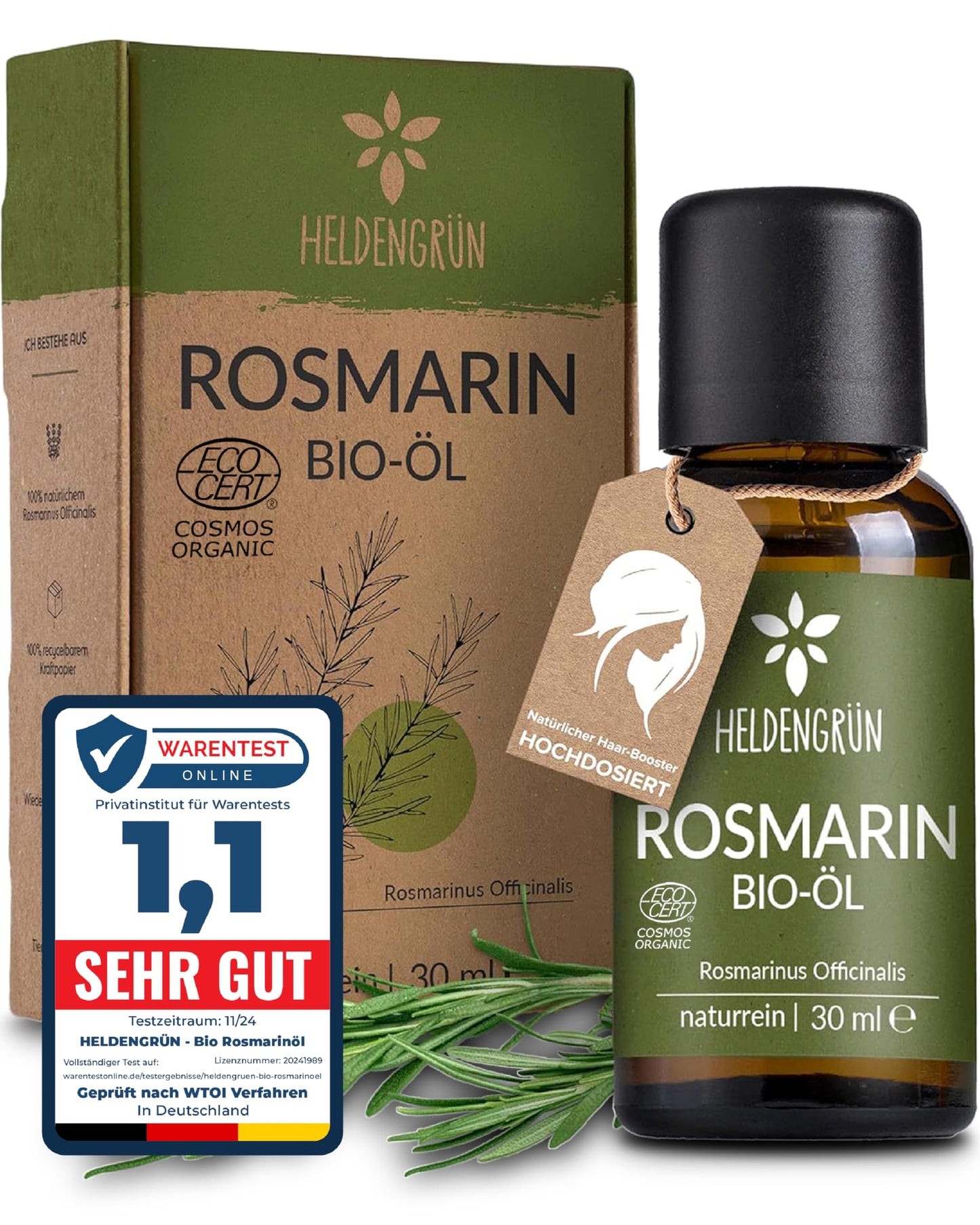 One bottle with box of Heldengrun Organic Essential Oil Rosmarin