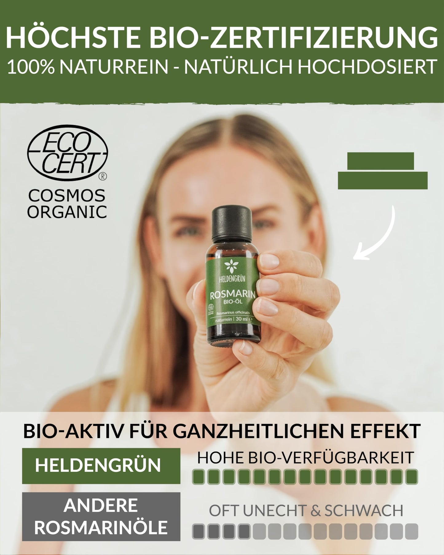 A woman holding a bottle of Heldengrun Organic Essential Oil 30ml rosmarin