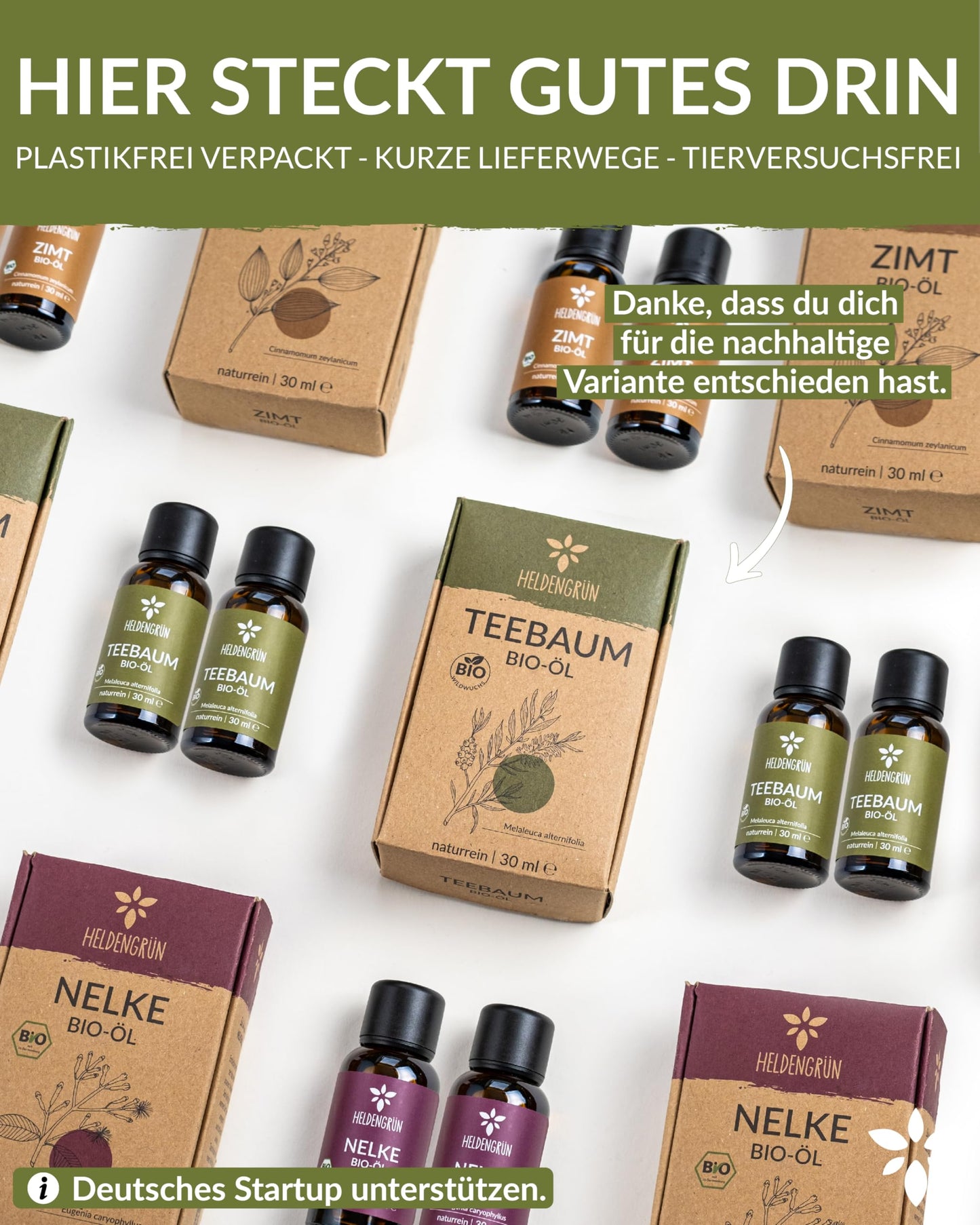 Bottles with box of Heldengrun Organic Essential Oil 30ml teebaum