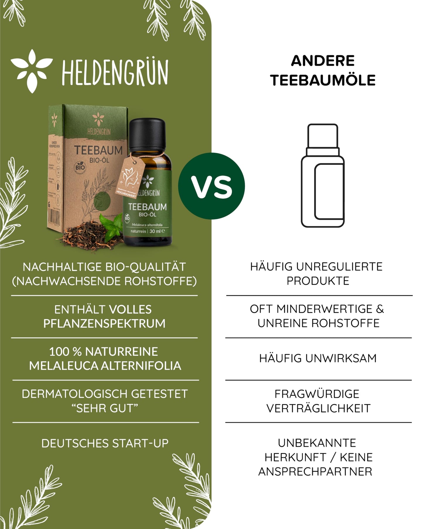 Heldengrun Organic Essential Oil 30ml teebaum vs other products