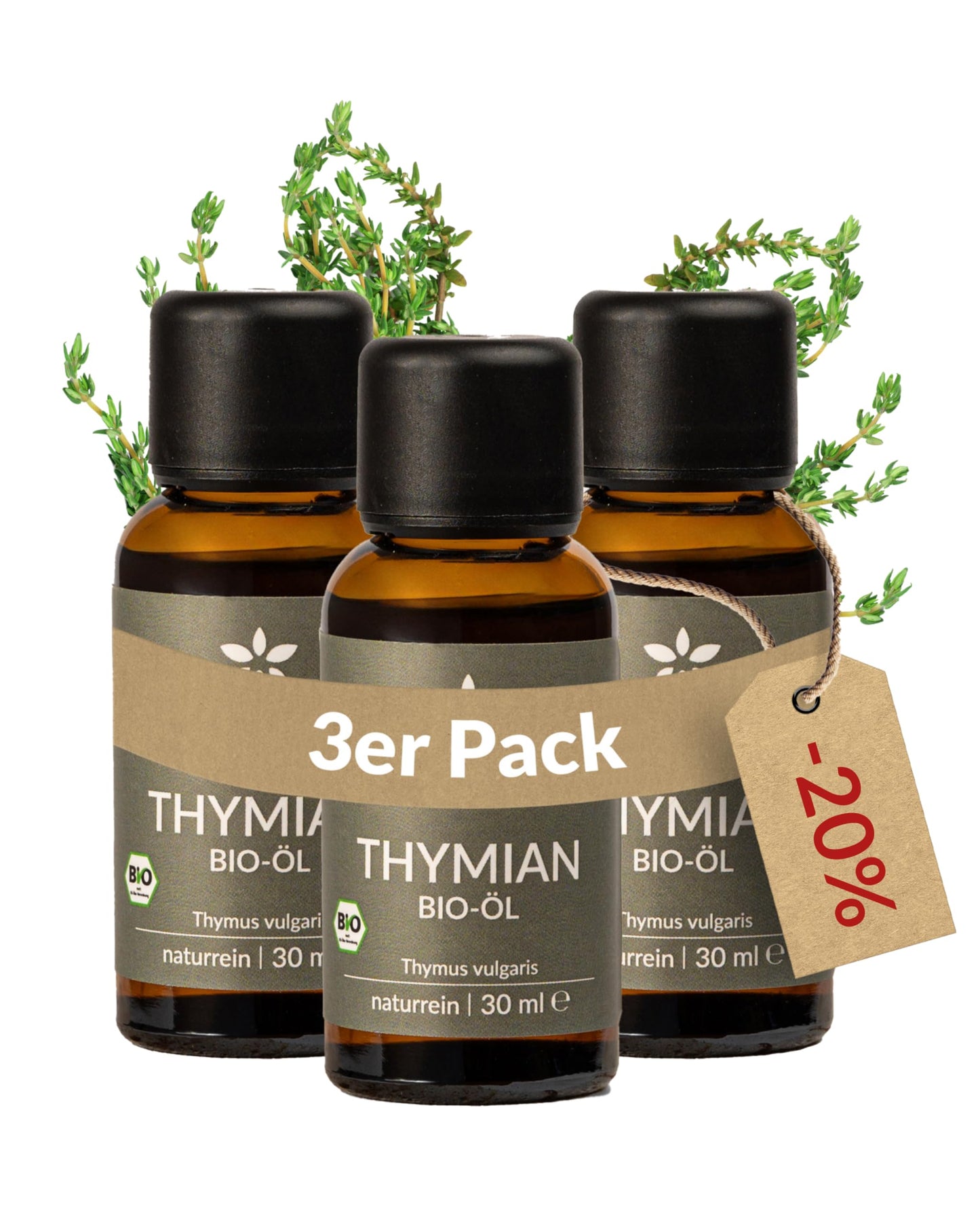 Three bottles of Heldengrun Organic Essential Oil 30ml thymian