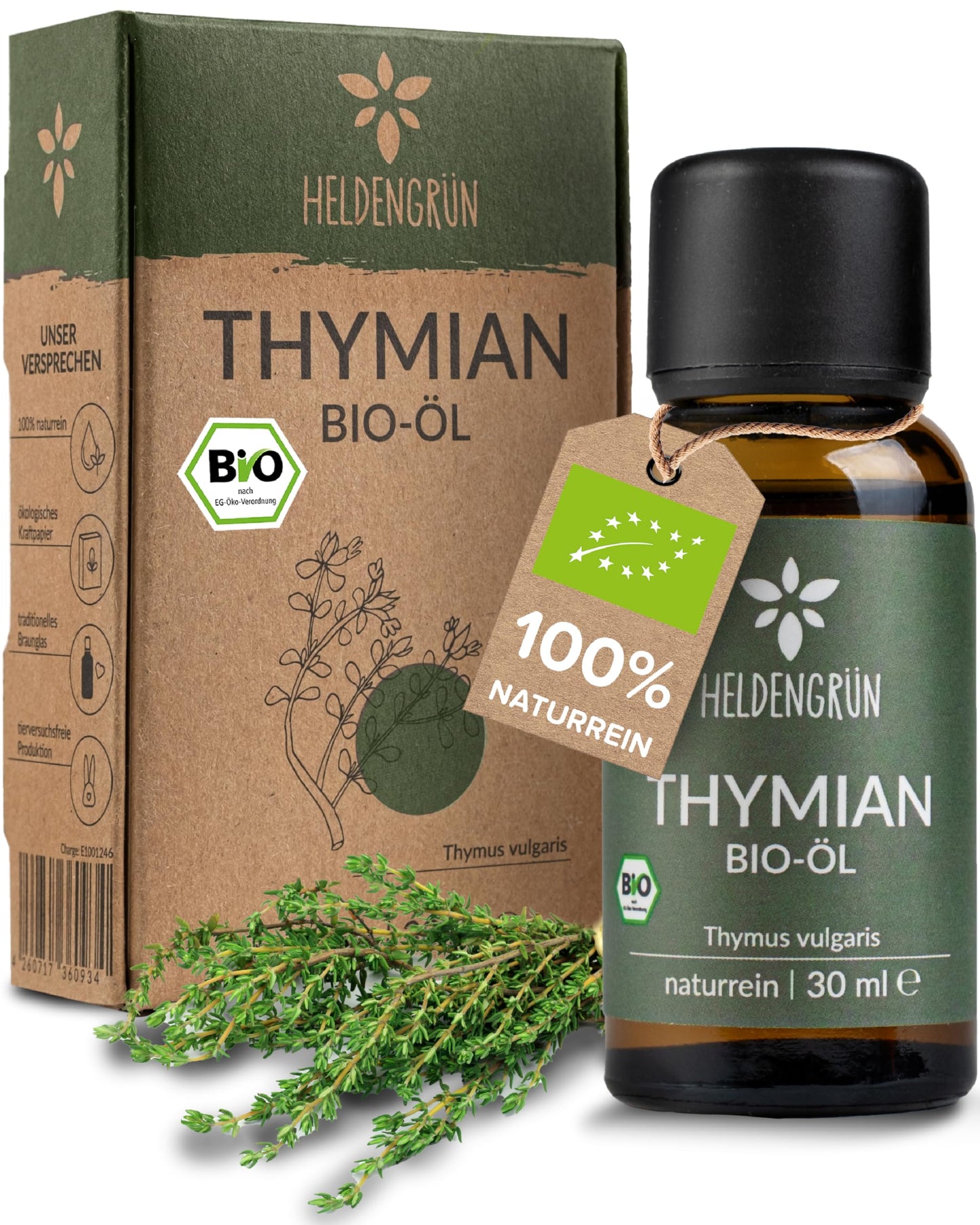 One bottle with box Heldengrun Organic Essential Oil 30ml thymian