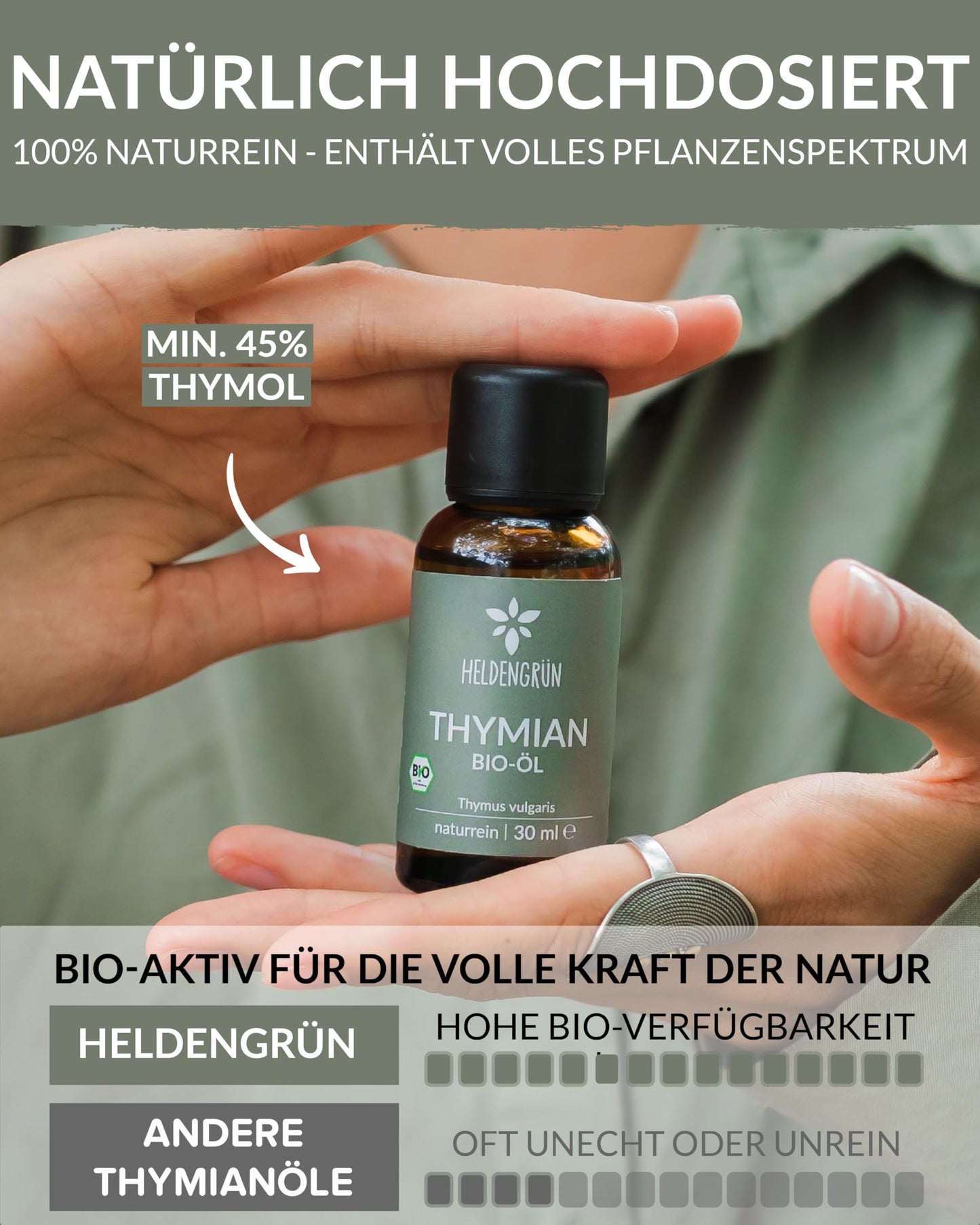 A bottle of Heldengrun Organic Essential Oil 30ml thymian