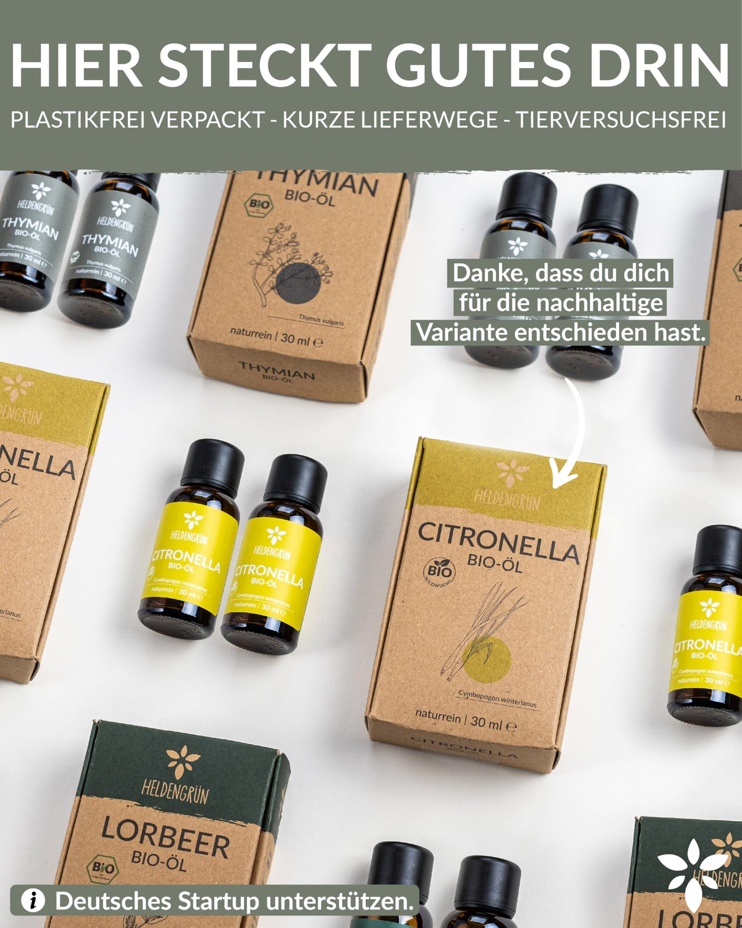 Bottles with box of Heldengrun Organic Essential Oil 30ml