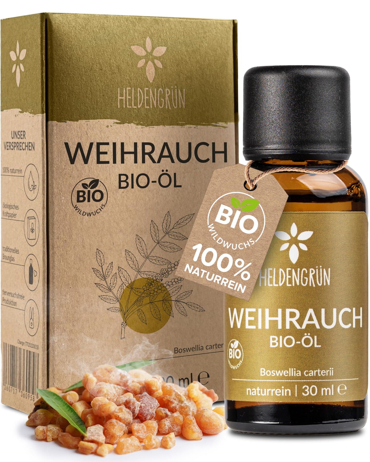 One bottle with box of Heldengrun Organic Essential Oil 30ml weihrauch