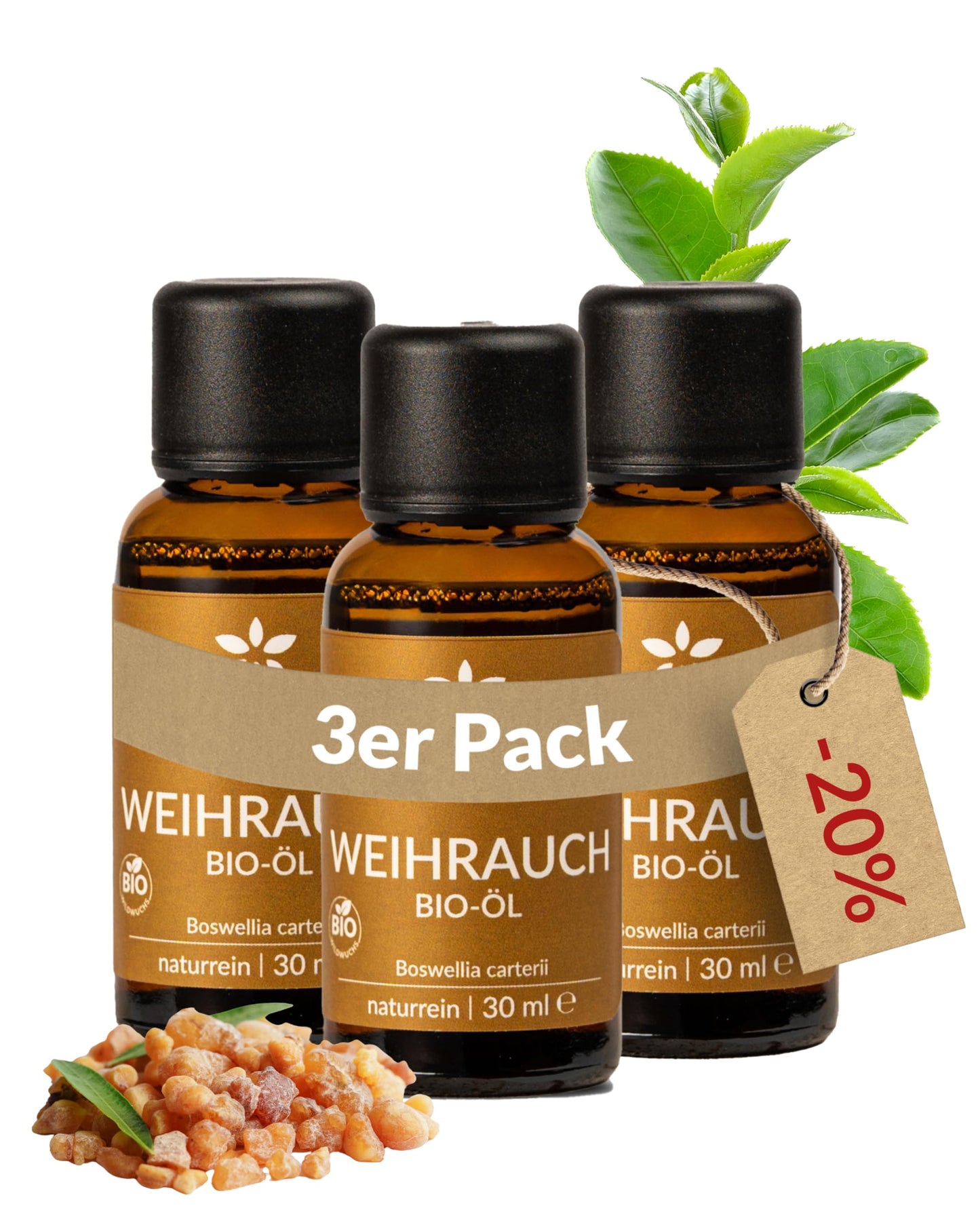 Three bottles of Heldengrun Organic Essential Oil 30ml weihrauch