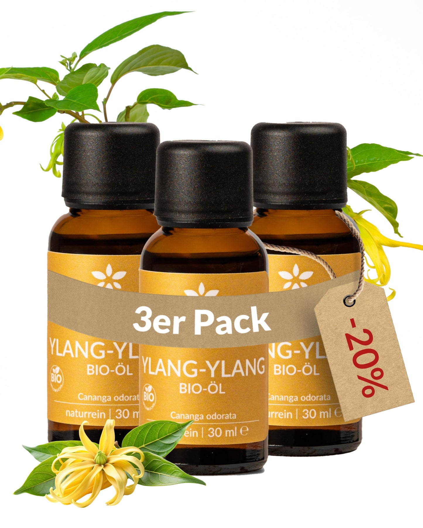 Three bottles of Heldengrun Organic Essential Oil 30ml ylang-ylang