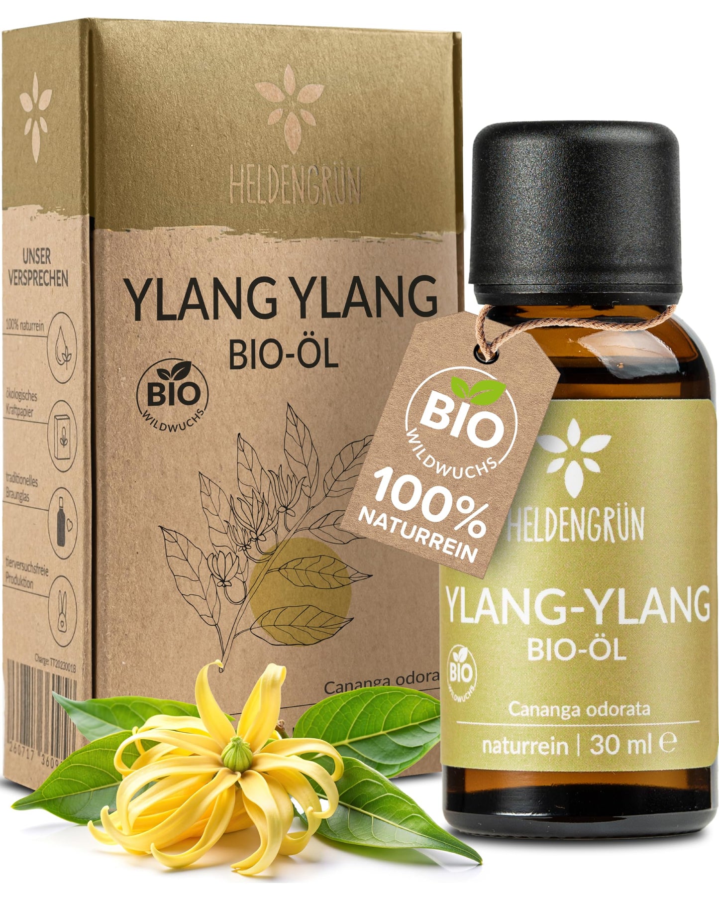 One bottle with box of Heldengrun Organic Essential Oil 30ml ylang-ylang