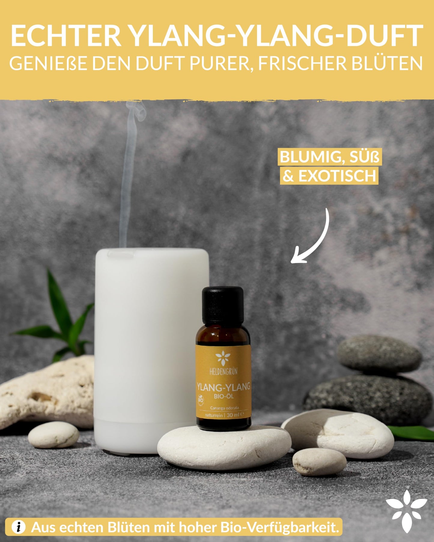 A bottle of Heldengrun Organic Essential Oil 30ml ylang-ylang