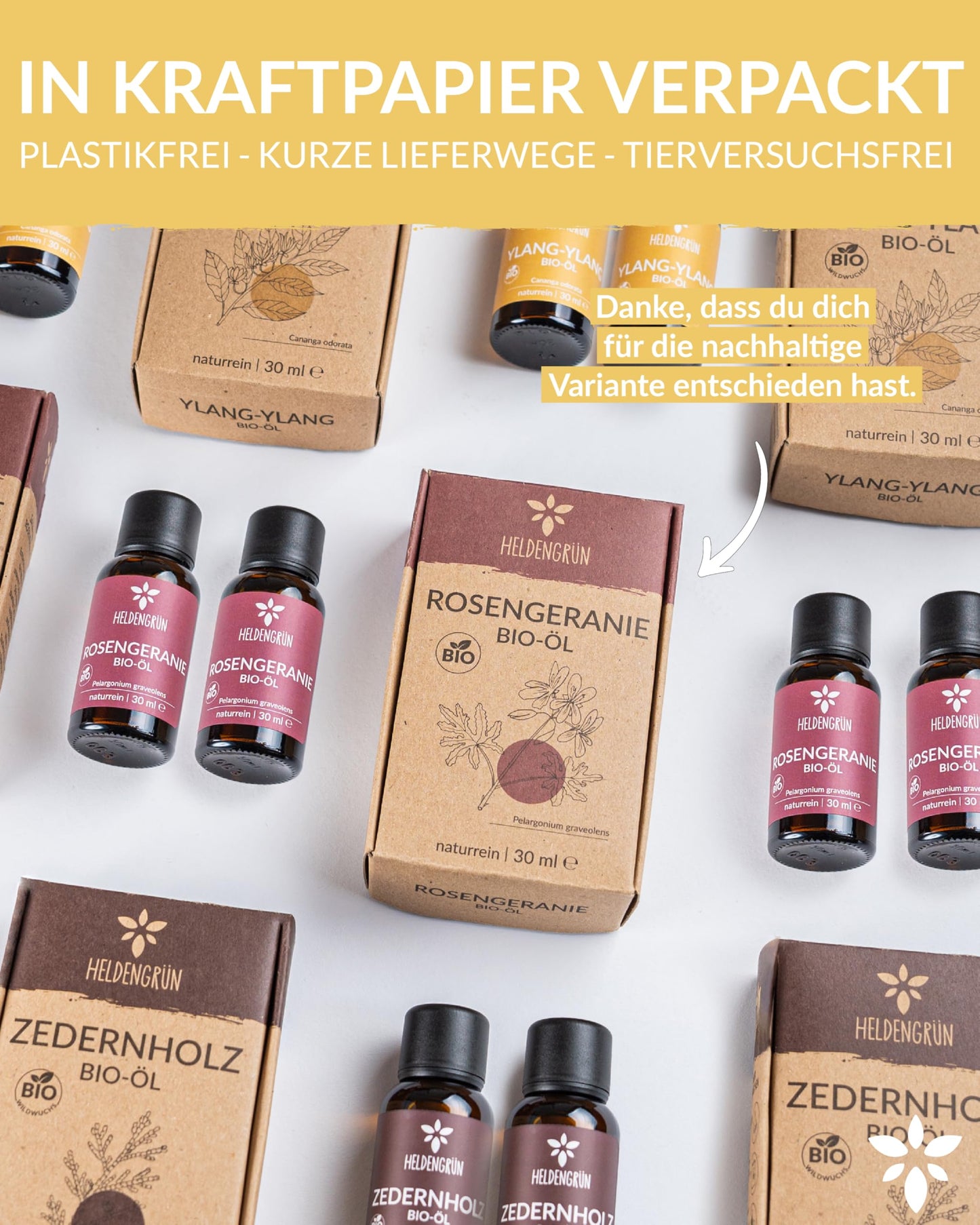 Bottles with box of Heldengrun Organic Essential Oil 30ml