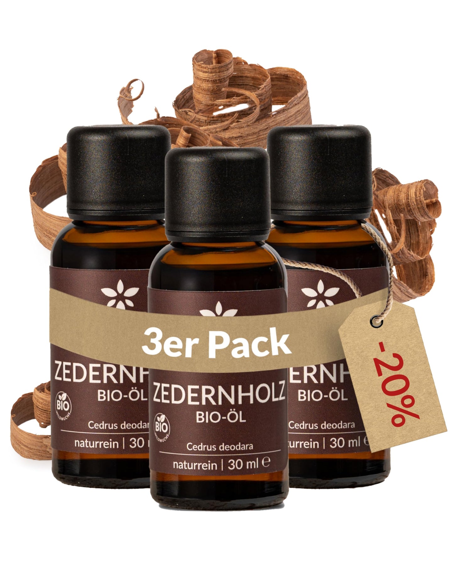 Three bottles of Heldengrun Organic Essential Oil 30ml zedernholz