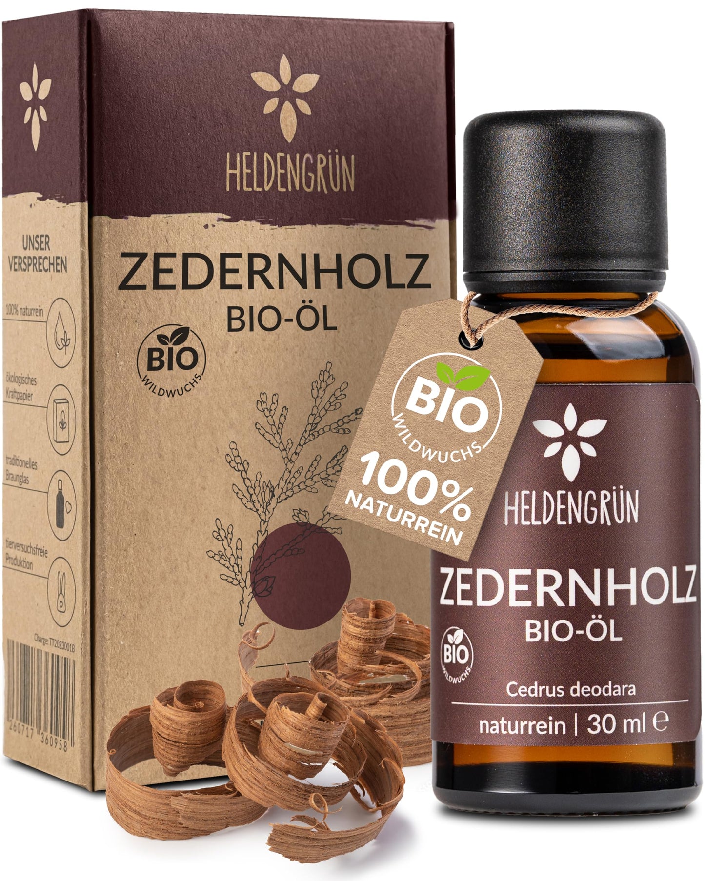 One bottle with box of Heldengrun Organic Essential Oil 30ml zedernholz