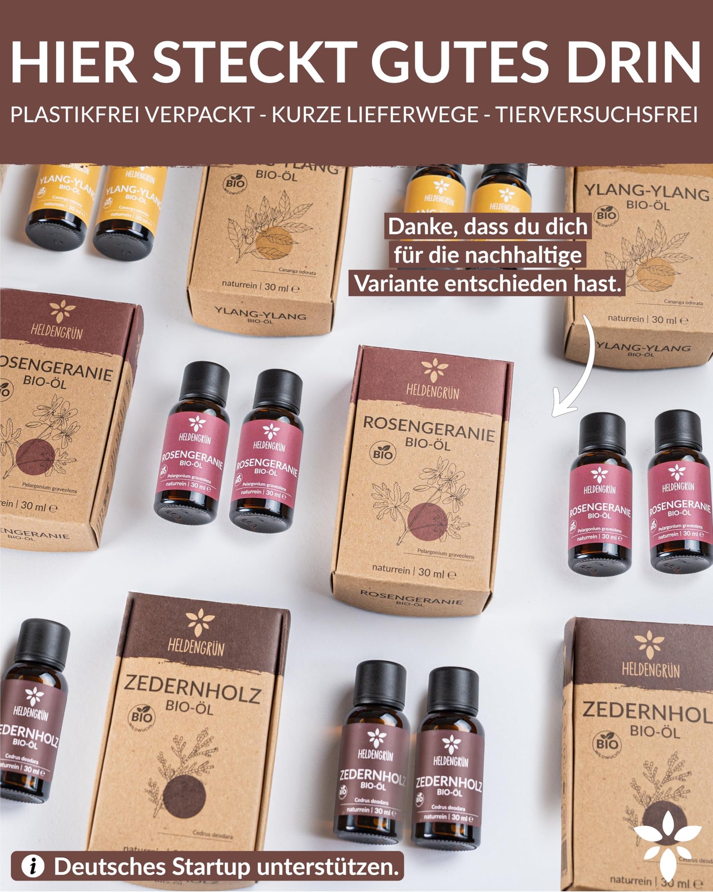 Bottles with box of Heldengrun Organic Essential Oil 30ml zedernholz