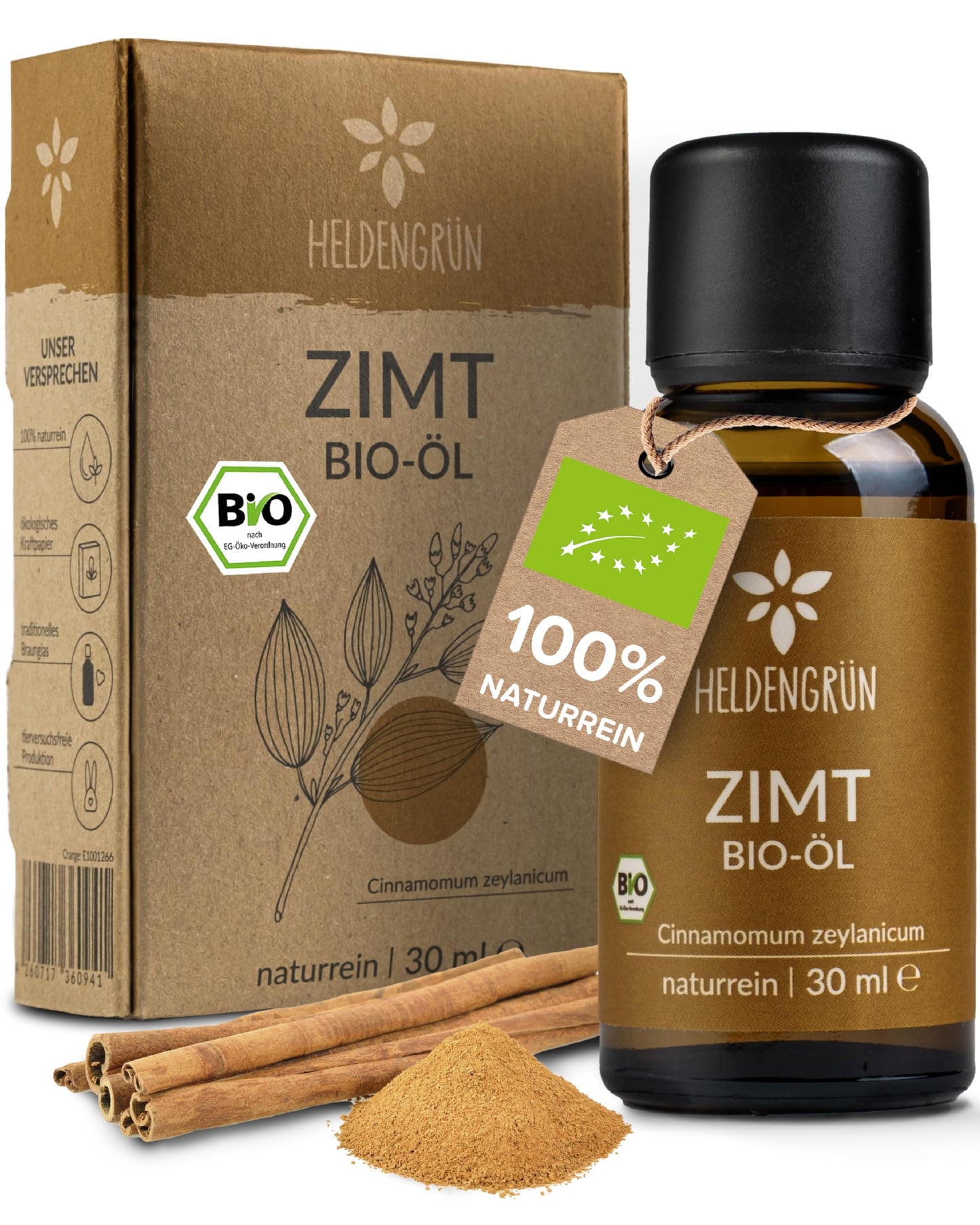 One bottle with box Heldengrun Organic Essential Oil 30ml zimt