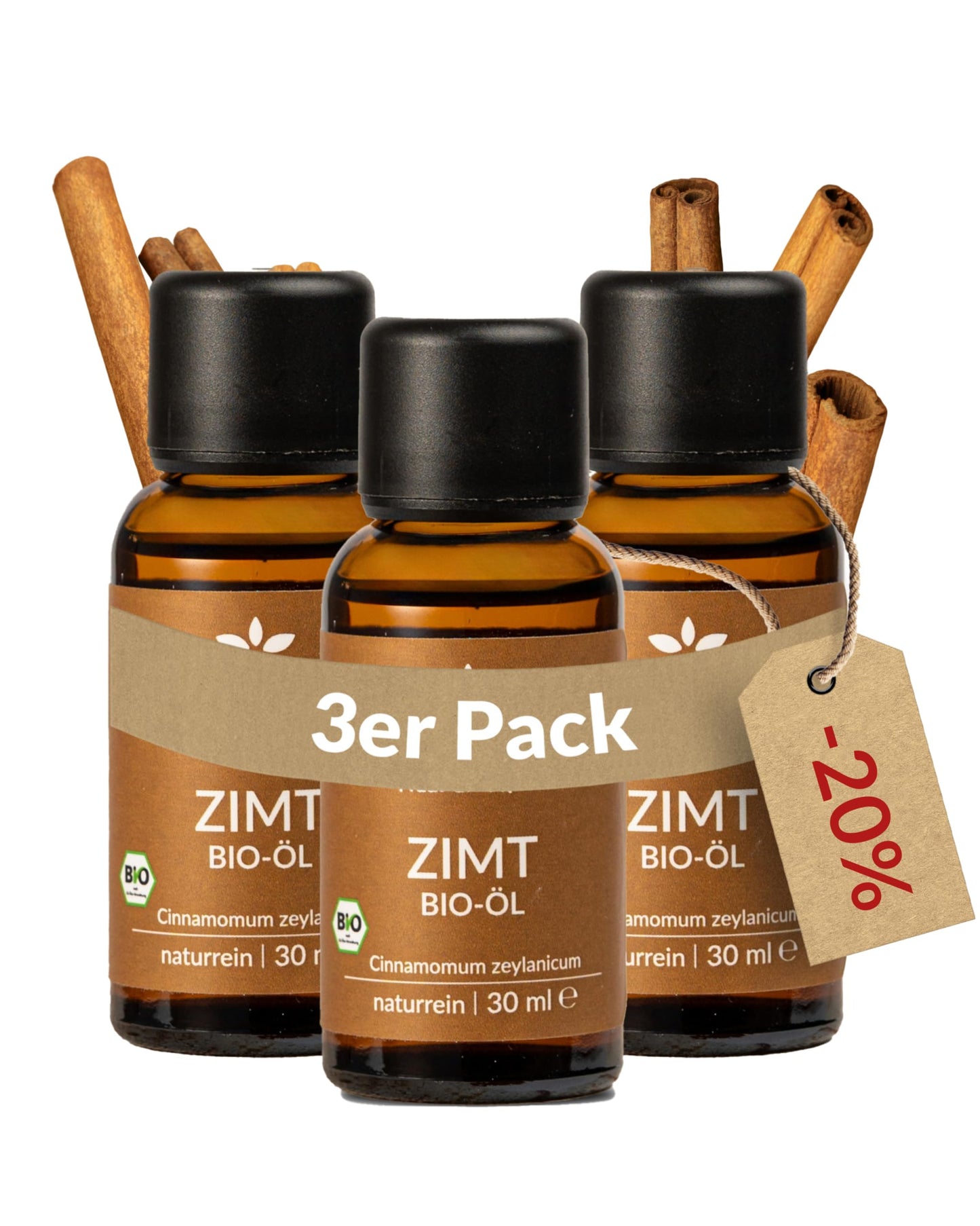 Three bottles of Heldengrun Organic Essential Oil 30ml zimt