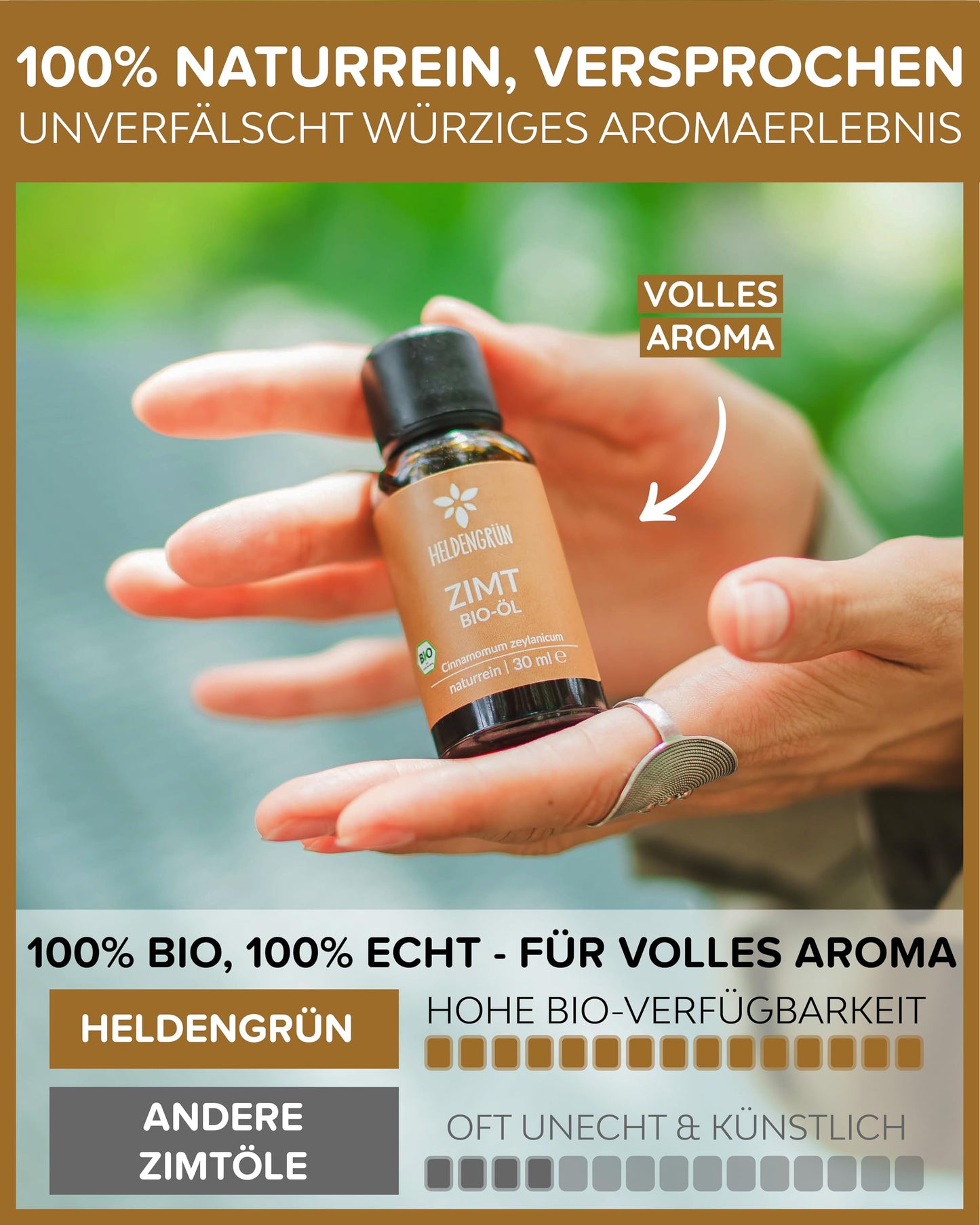 A bottle of Heldengrun Organic Essential Oil 30ml zimt