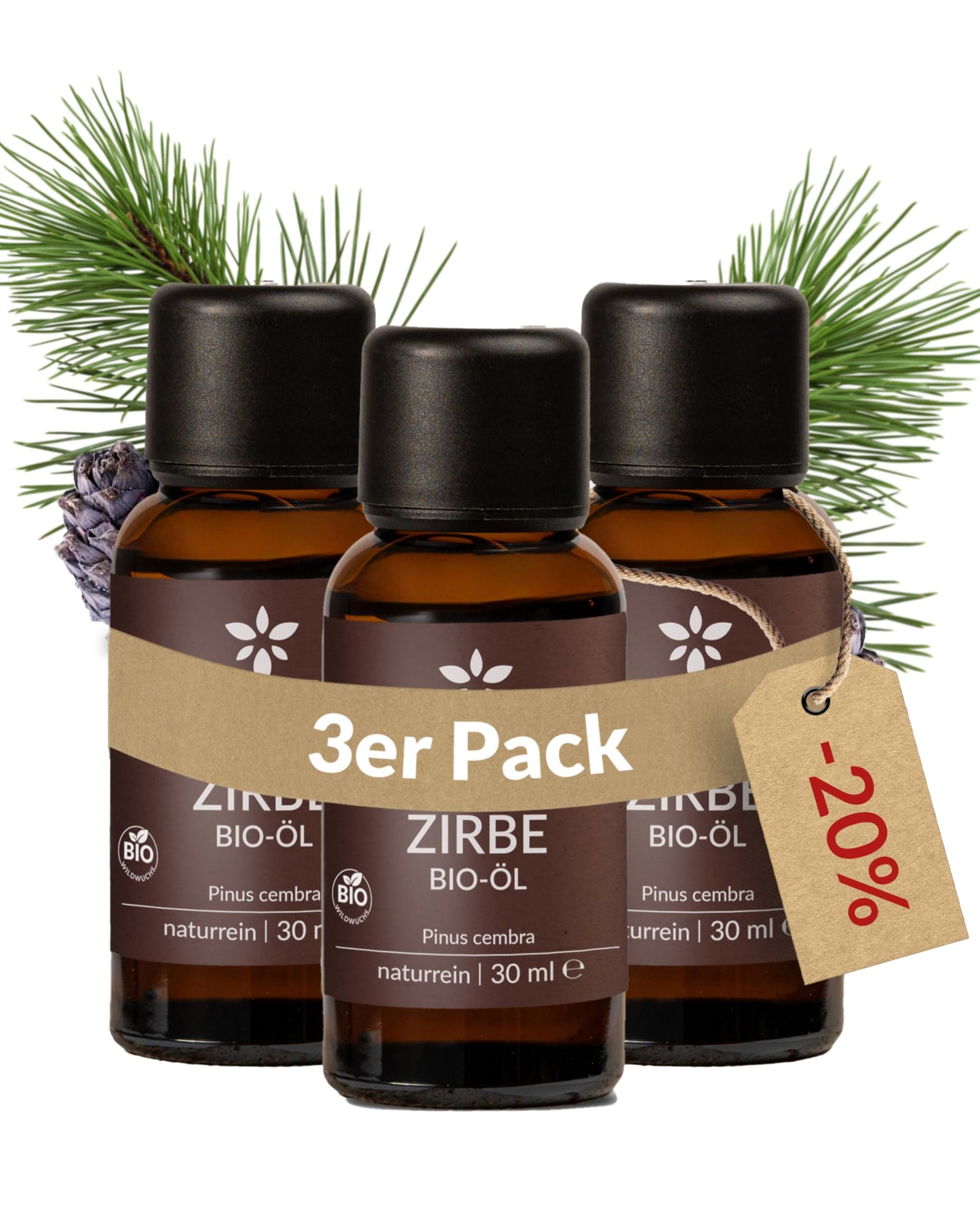 Three bottles of Heldengrun Organic Essential Oil 30ml zirbe
