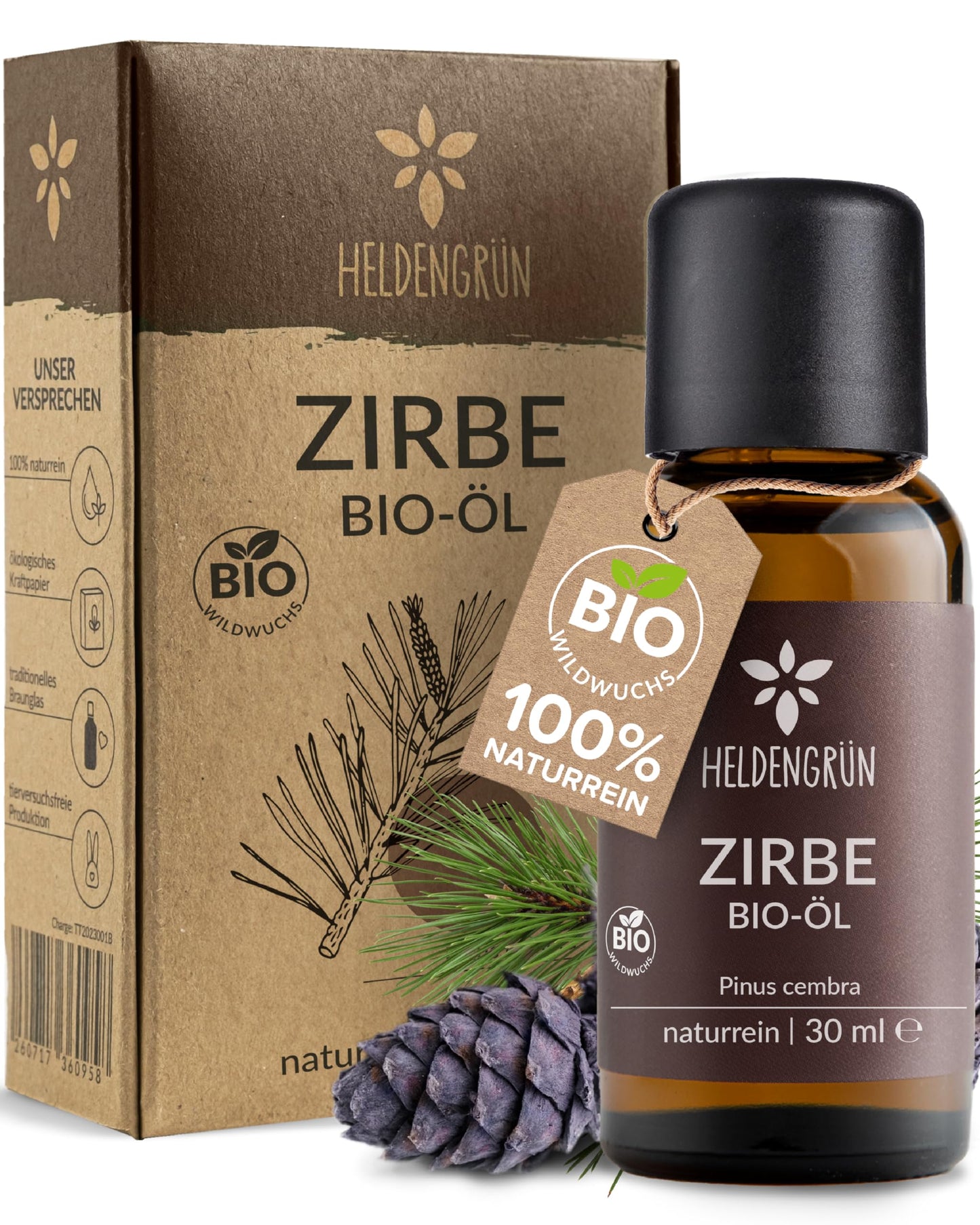One bottle with box of Heldengrun Organic Essential Oil 30ml zirbe