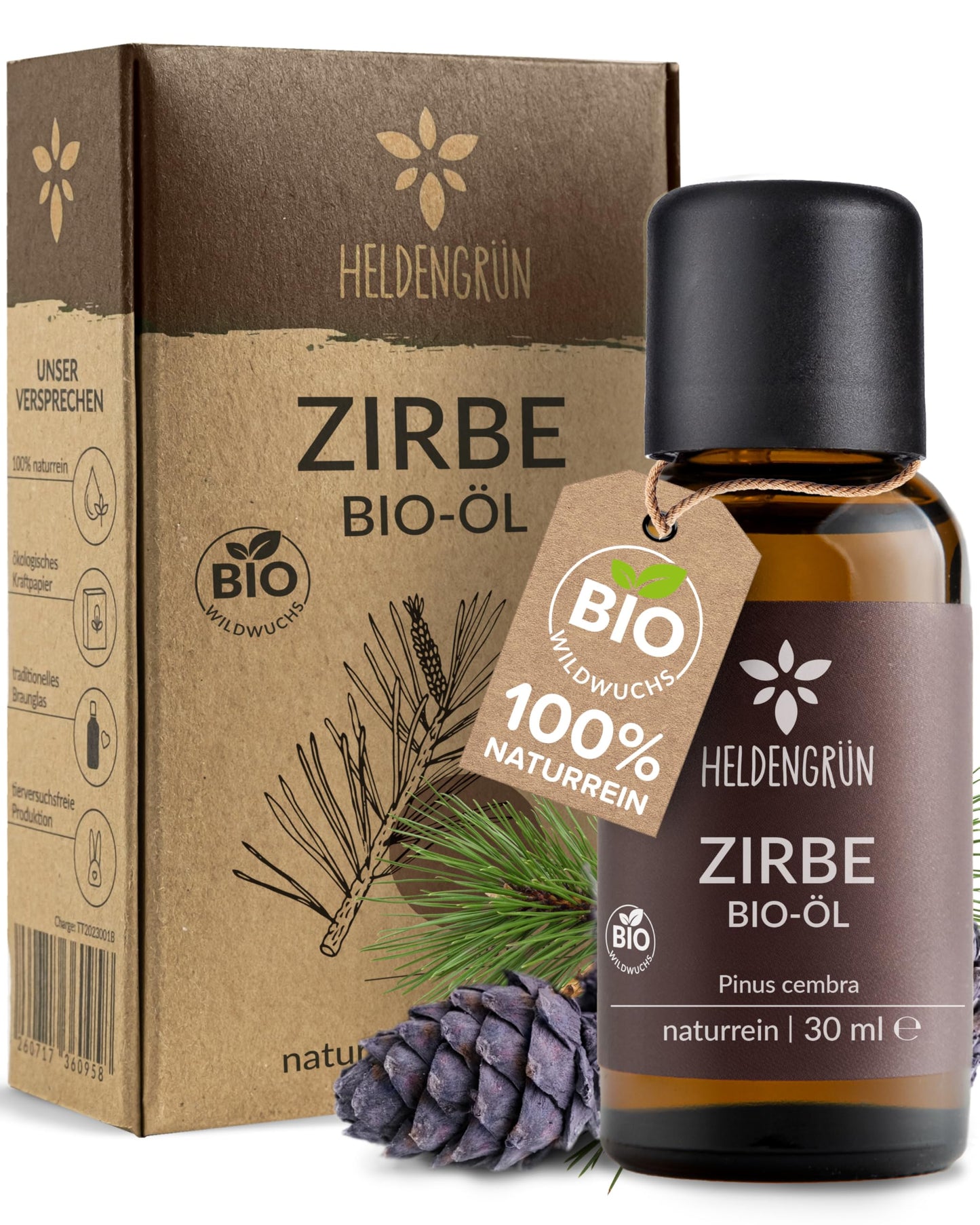 One bottle with box of Heldengrun Organic Essential Oil 30ml zirbe