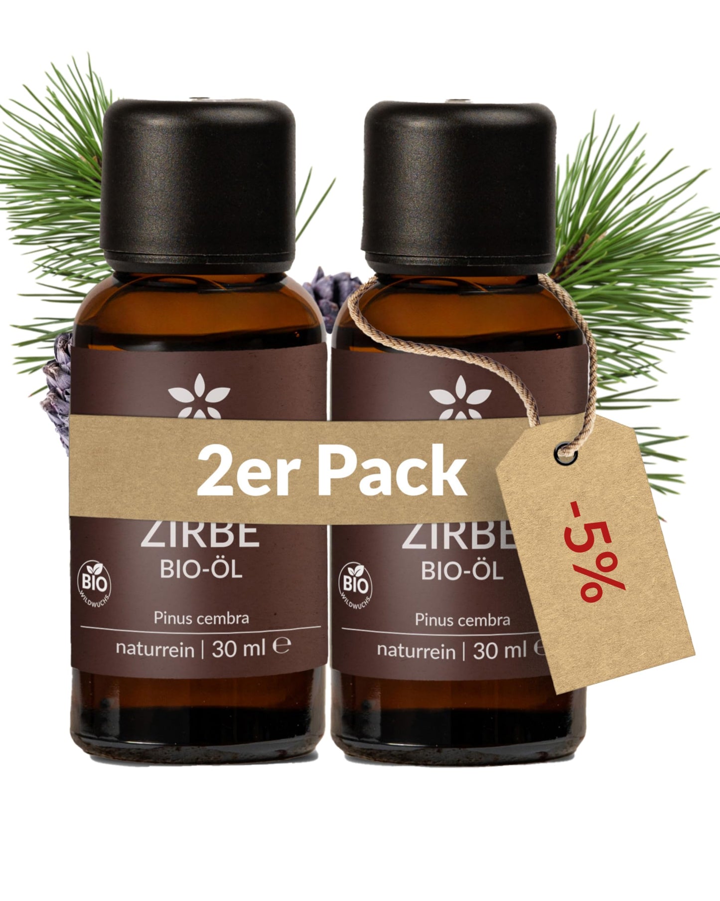 Two bottles of Heldengrun Organic Essential Oil 30ml zirbe