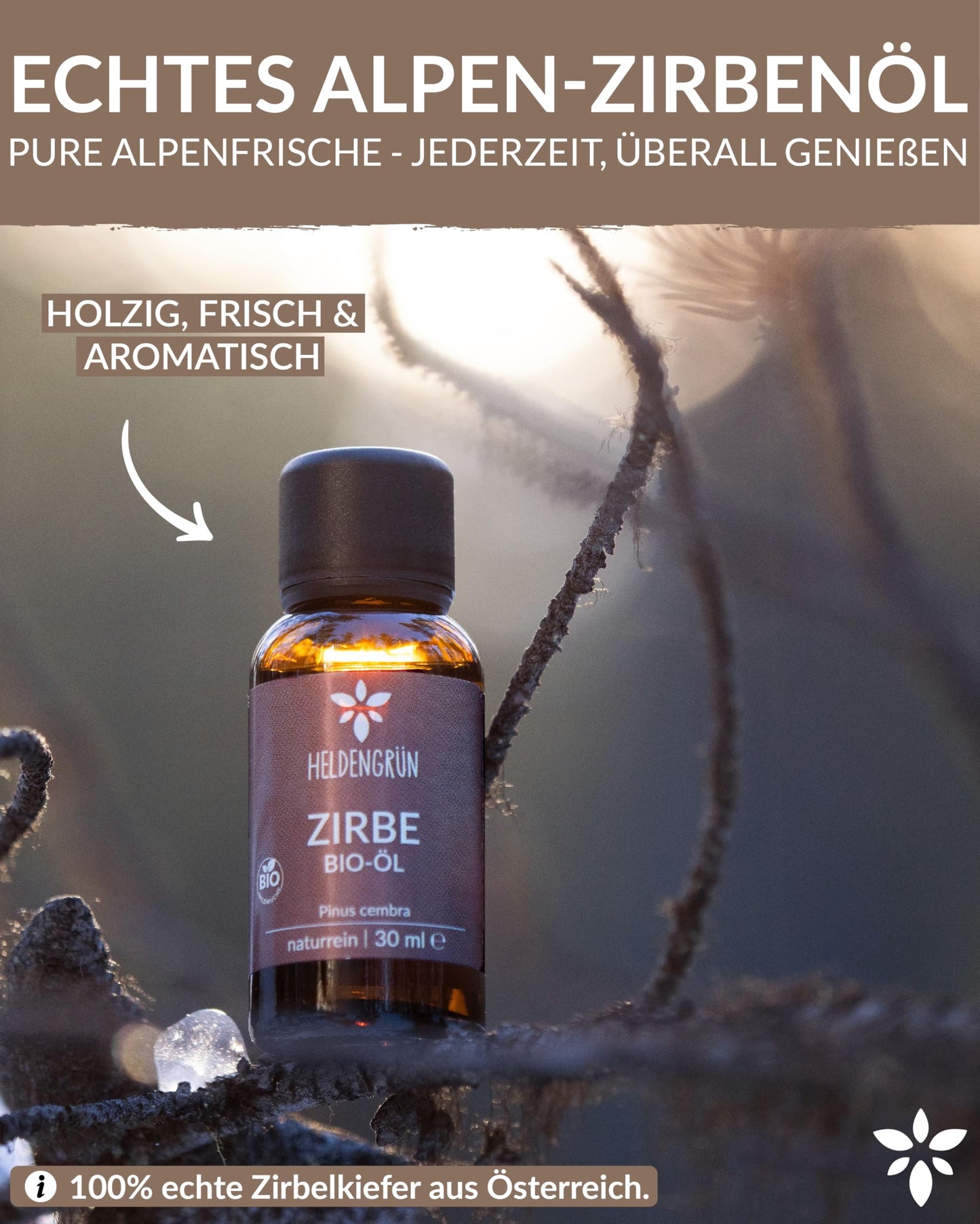 A bottle of Heldengrun Organic Essential Oil 30ml zirbe