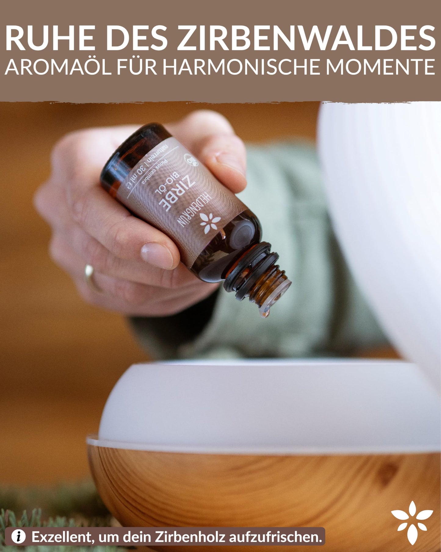A bottle of Heldengrun Organic Essential Oil 30ml zirbe