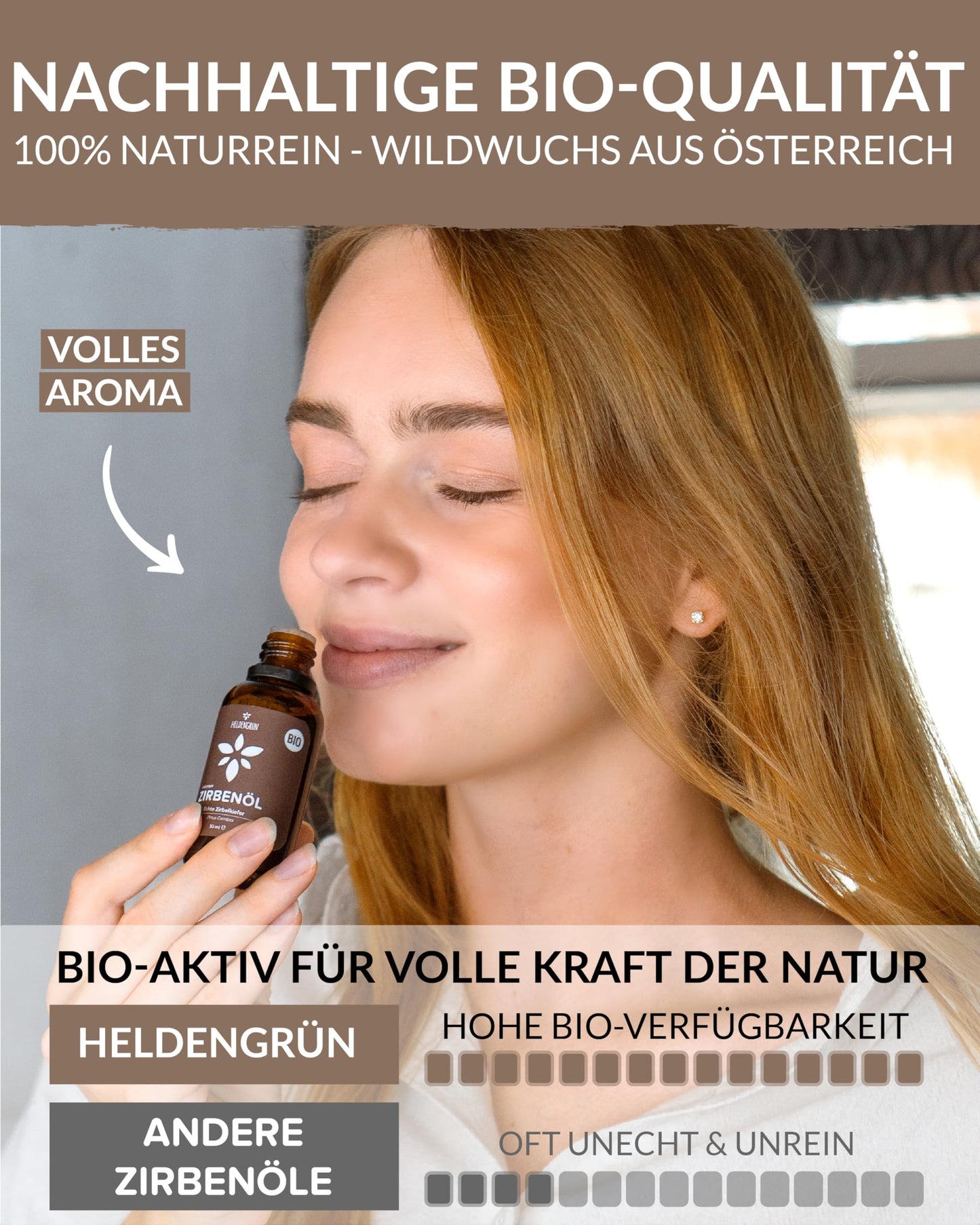 A woman holding a bottle of Heldengrun Organic Essential Oil 30ml zirbe