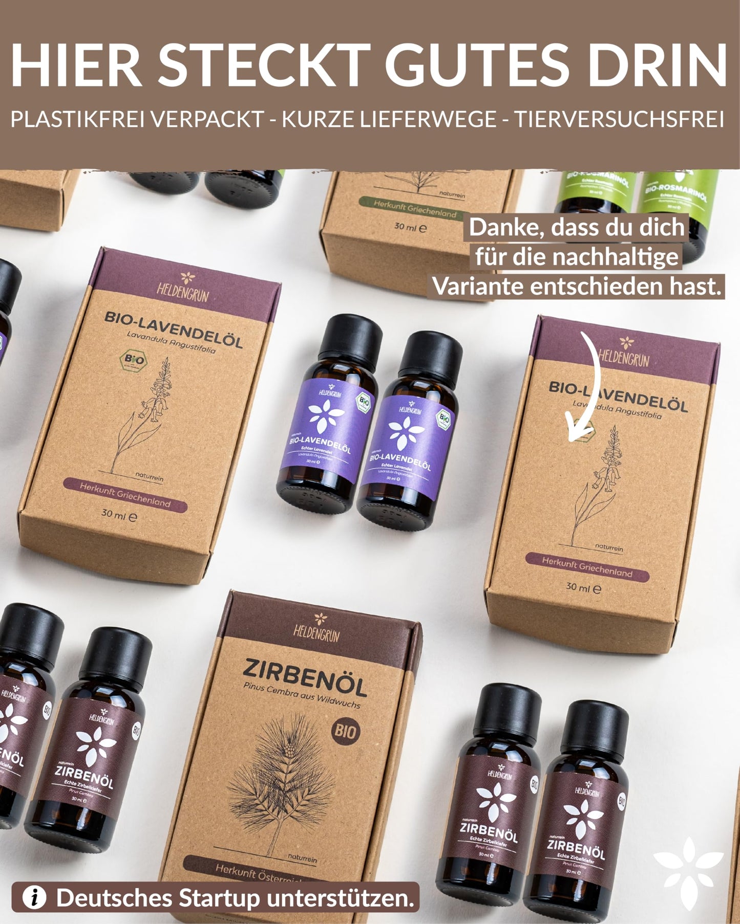 Bottles with box of Heldengrun Organic Essential Oil 30ml