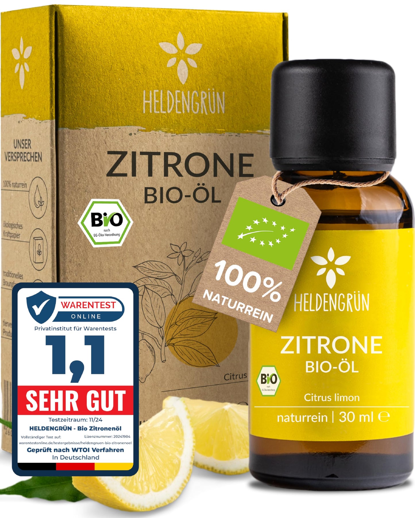One bottle with box of Heldengrun Organic Essential Oil 30ml zitrone