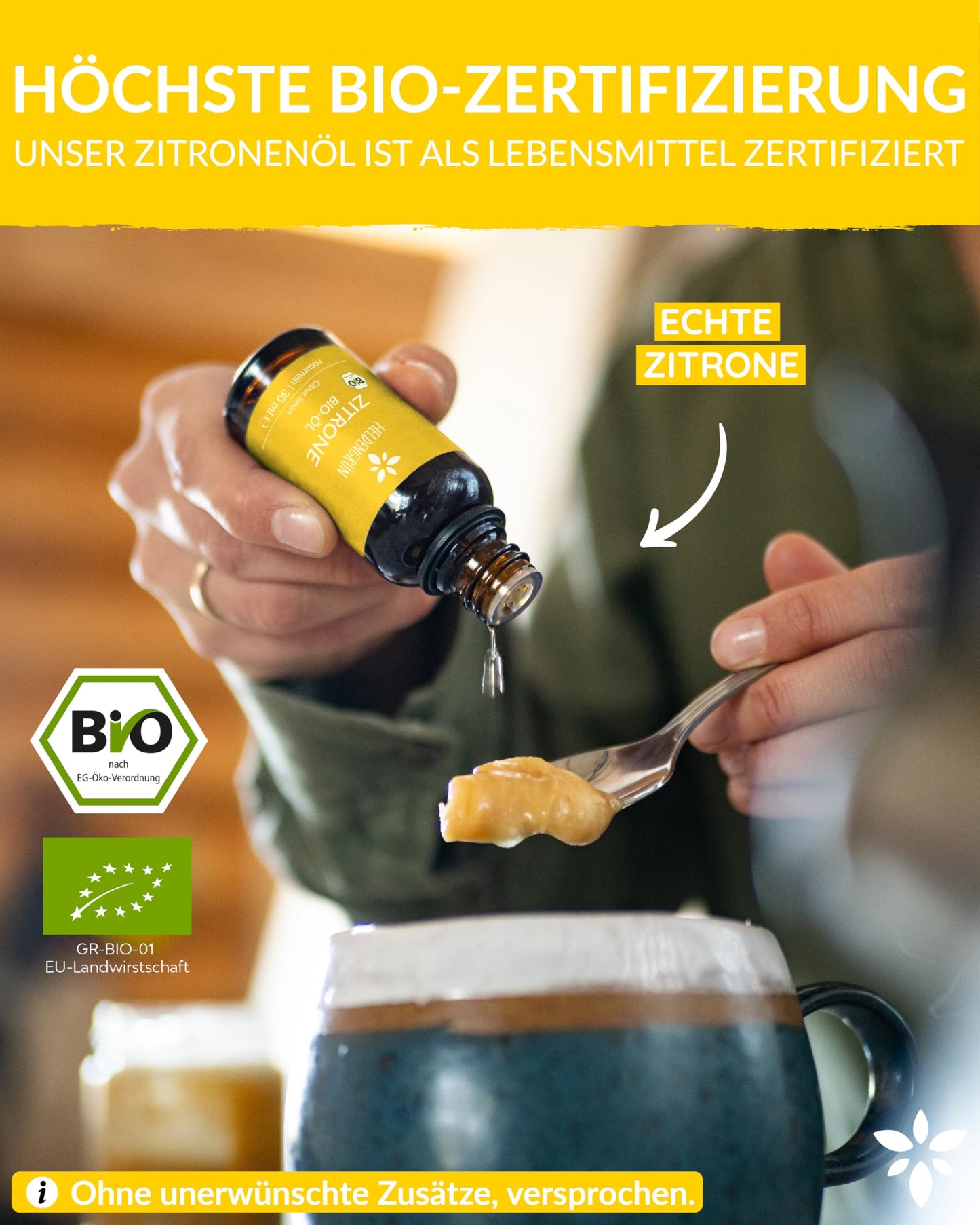 A bottle of Heldengrun Organic Essential Oil 30ml zitrone