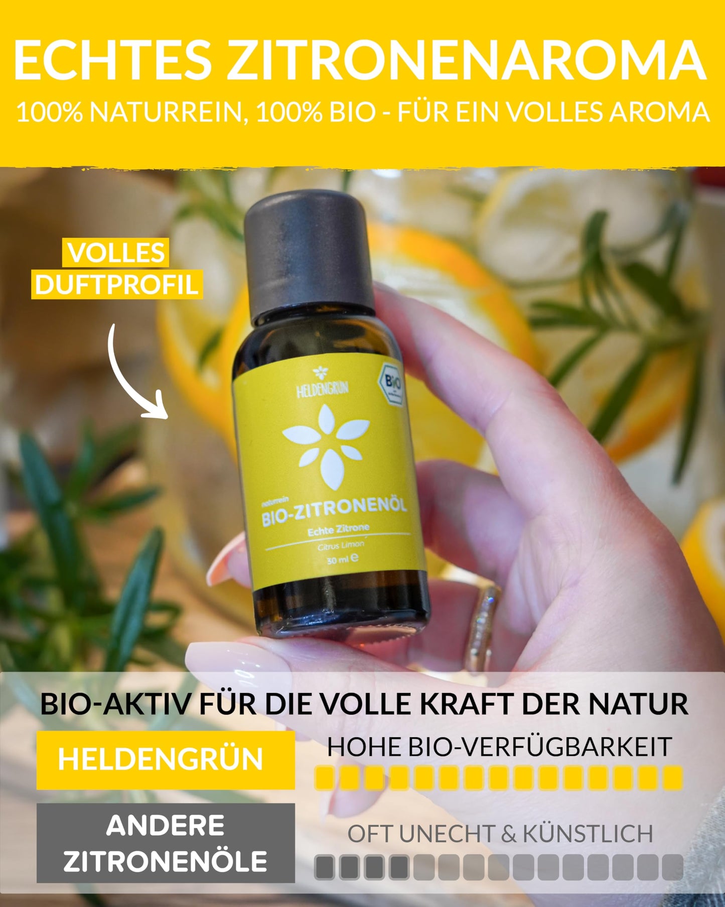 A bottle of Heldengrun Organic Essential Oil 30ml zitrone