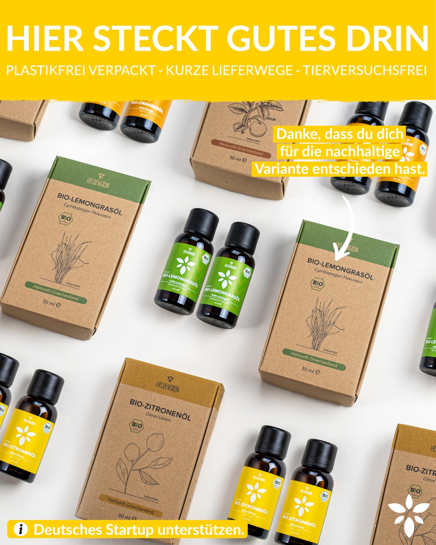 Bottles with box of Heldengrun Organic Essential Oil 30ml zitrone