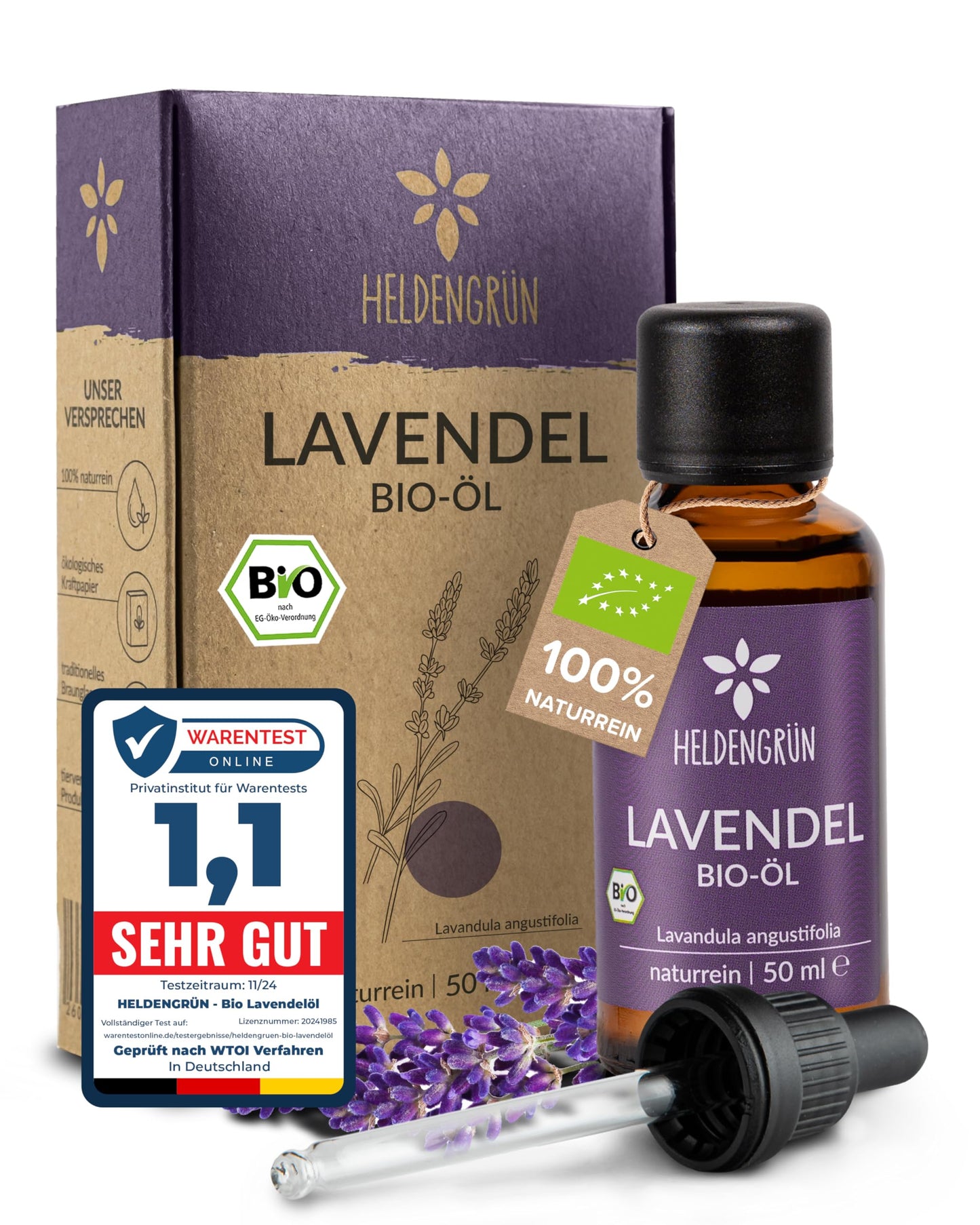 One bottle with box of Heldengrun Organic Essential Oil 50ml lavendel