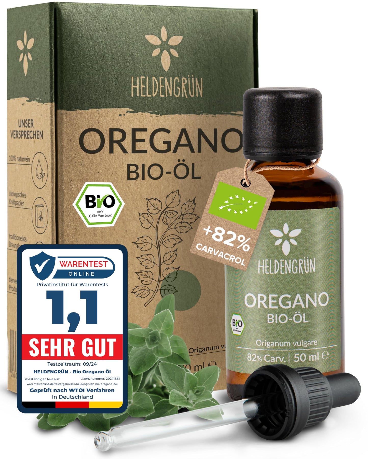 One bottle with box of Heldengrun Organic Essential Oil 50ml oregano