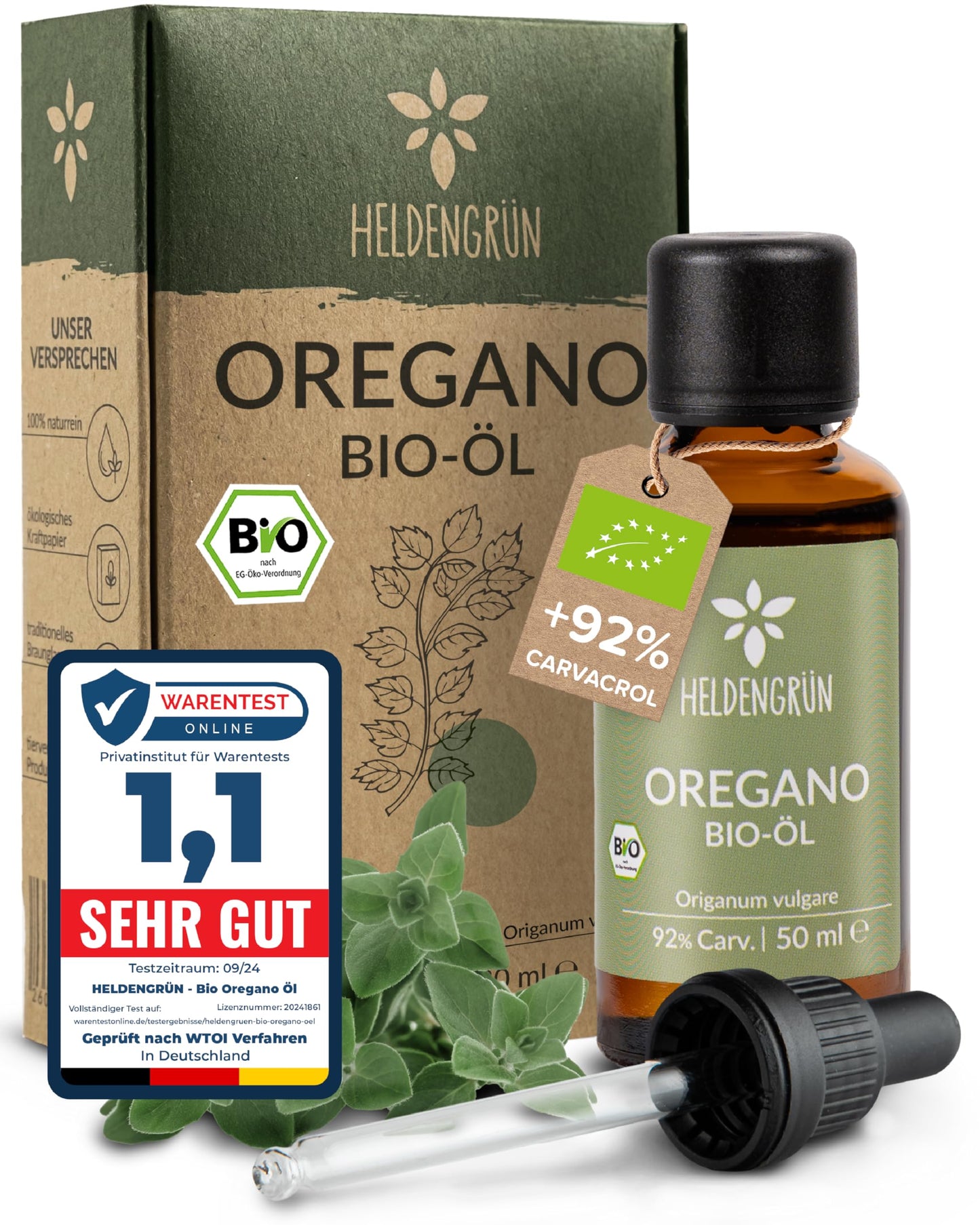 One bottle with box of Heldengrun Organic Essential Oil 50ml oregano