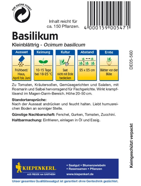 Back of Kiepenkerl Basilikum seed packet with planting and care instructions, spacing and harvest guidelines in German