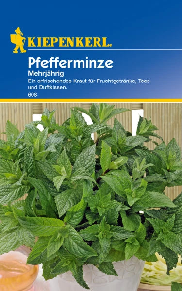 Seed packet for Pfefferminze by Kiepenkerl, perennial herb ideal for home gardens, pots or balcony cultivation