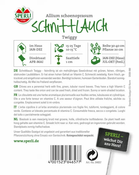 Back of Kiepenkerl Schnittlauch seed packet with planting and care instructions, spacing and harvest guidelines in German