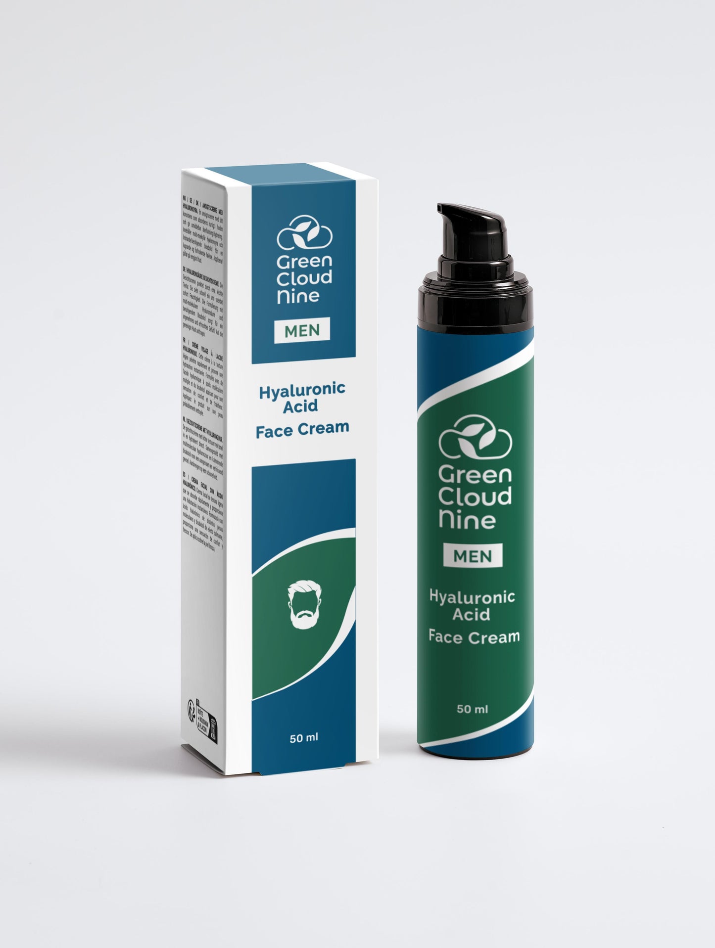 Hyaluronic Acid Face Cream with box in a green/blue pump bottle with Green Cloud Nine Logo, on a white background